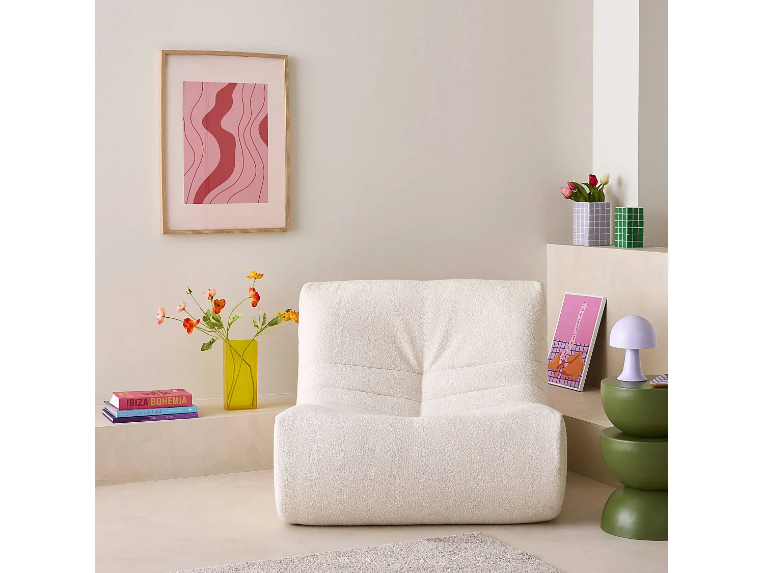 Fauteuil chauffeuse en bouclette texturée blanc style contemporain 1 place