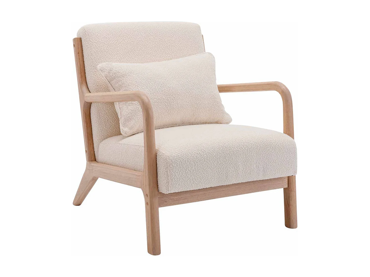 Poltrona scandinava in legno e tessuto bouclé testurizzato, beige