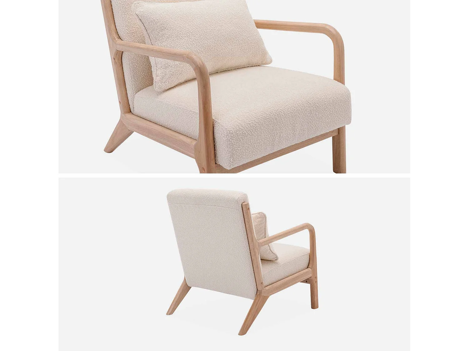 Poltrona scandinava in legno e tessuto bouclé testurizzato, beige