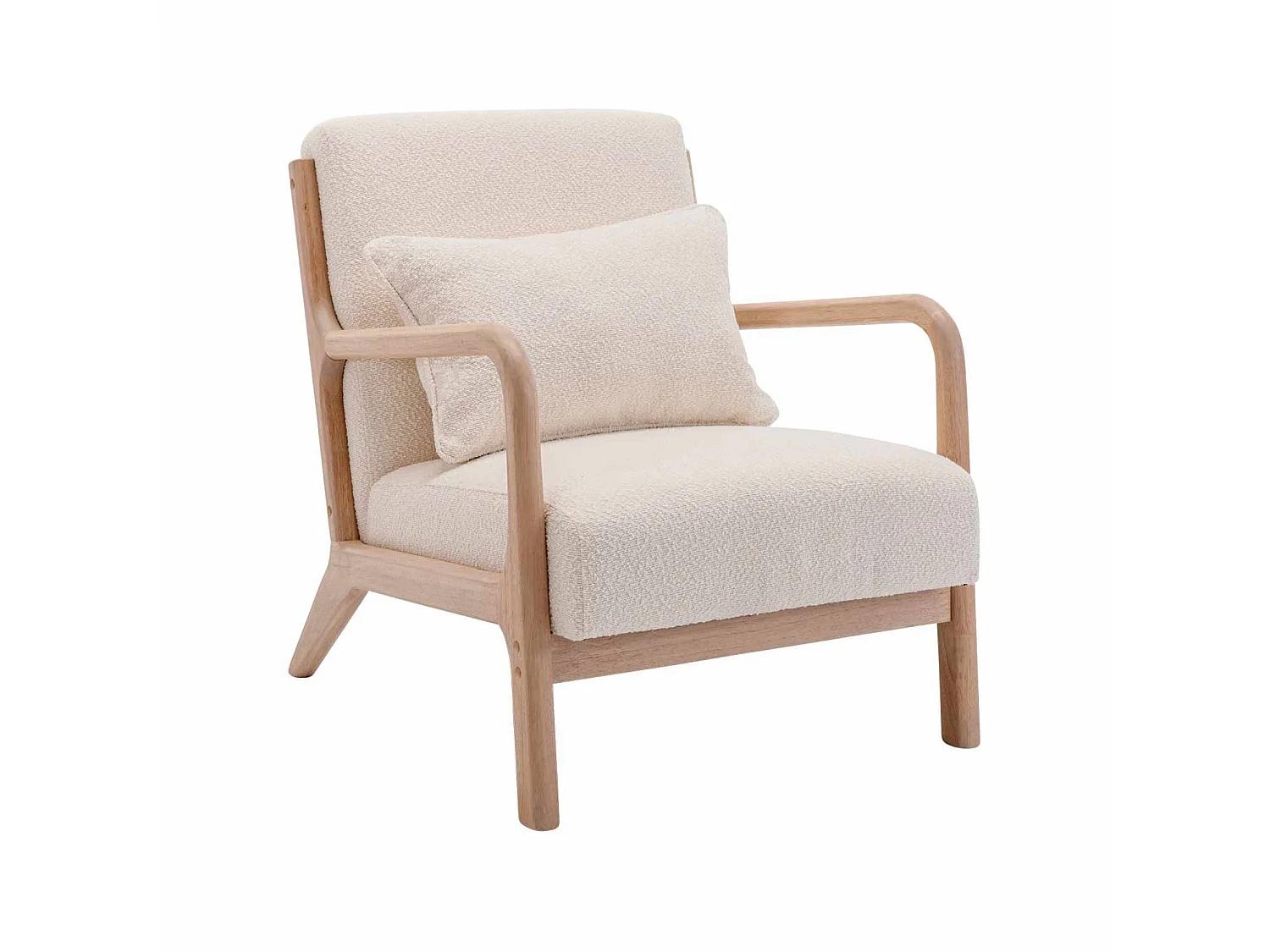 Fauteuil à bouclettes blanches texturées. bois et tissu. 1 place droit fixe. pieds compas scandinave. structure en bois solide
