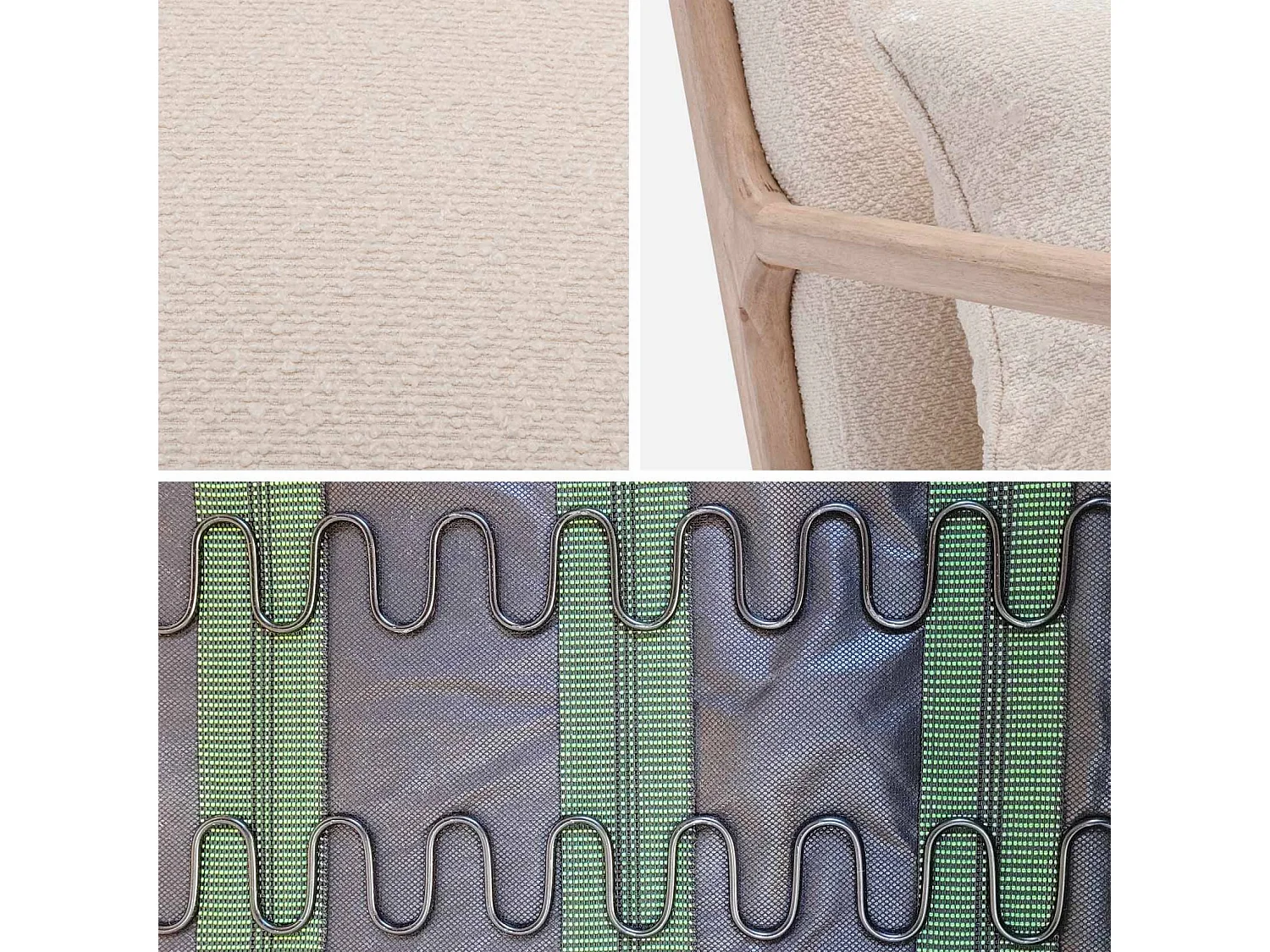 Fauteuil à bouclettes blanches texturées. bois et tissu. 1 place droit fixe. pieds compas scandinave. structure en bois solide