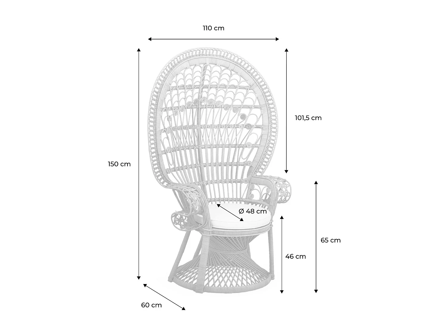 Fauteuil vintage en rotin avec coussin d'assise. Mahe. L 110 x P 60 x H150cm