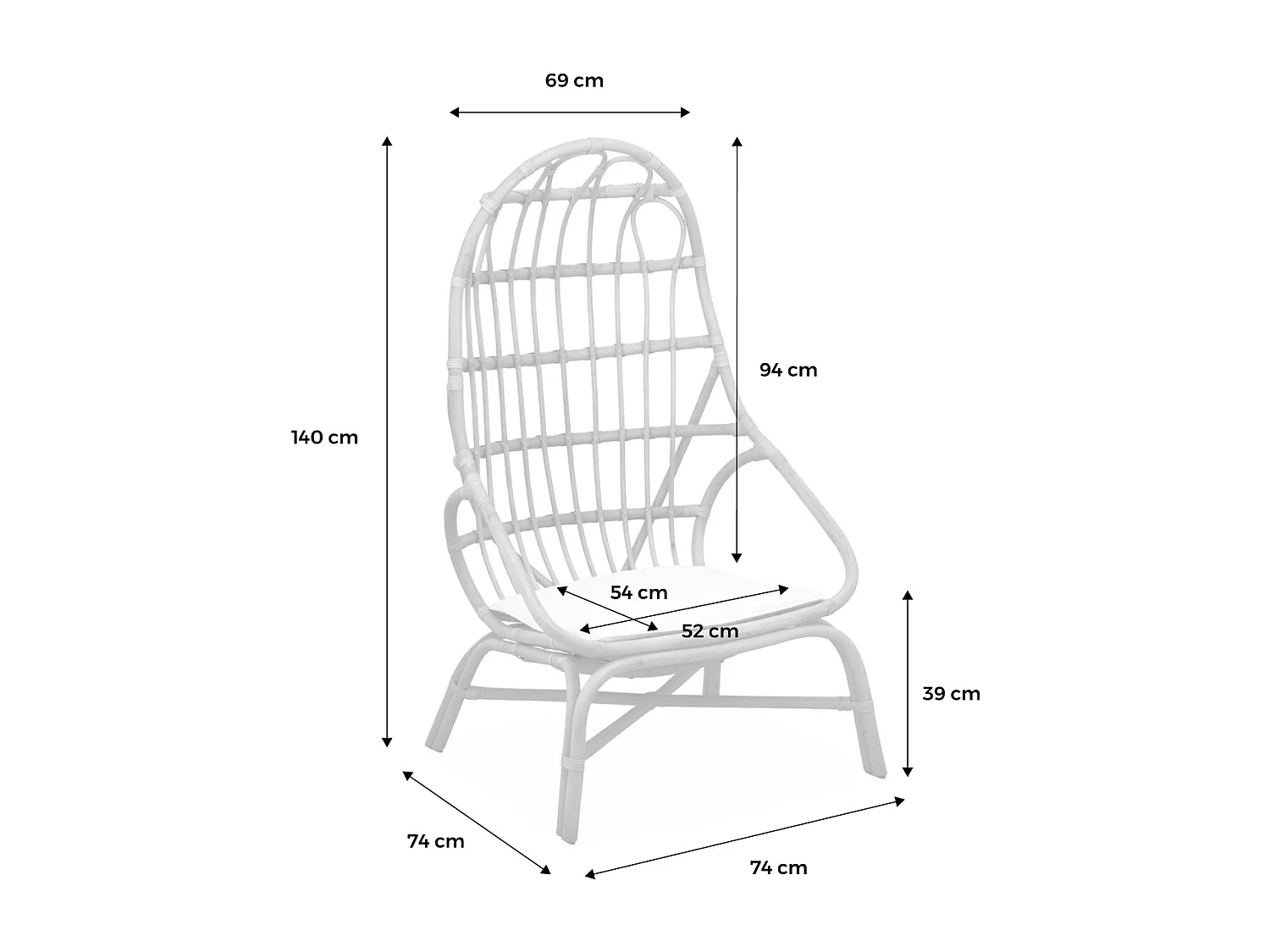 Sillón de ratán en forma de huevo con cojín natural