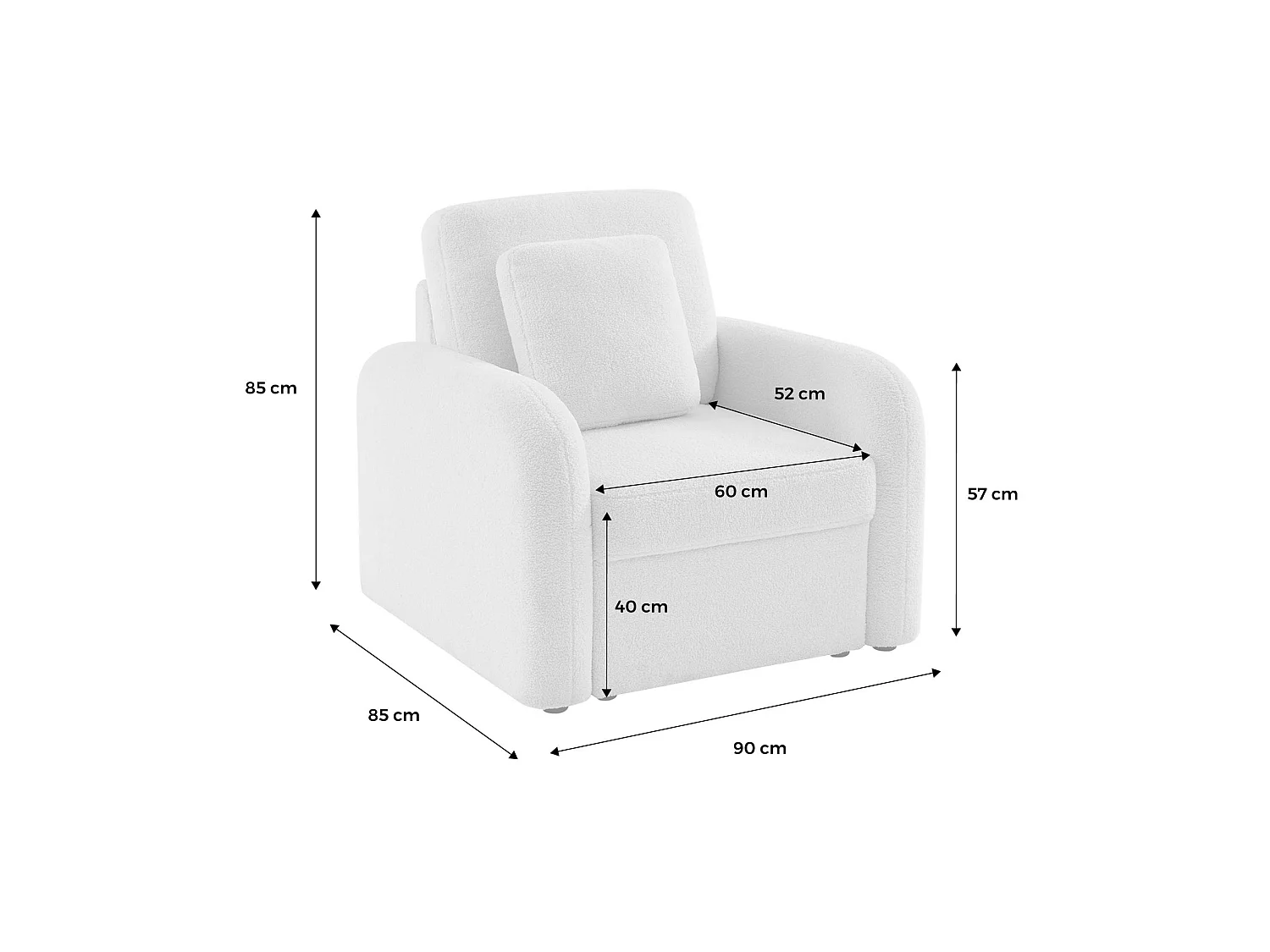 Fauteuil tissu bouclette crème. lignes arrondies. Milano. L 90 x P 85 x H 85cm