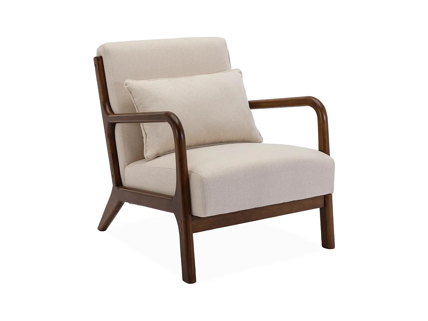 Fauteuil tissu beige . pieds bois d'hévéa teinté noyer. 1 place droit fixe. pieds compas scandinave. structure en bois solide