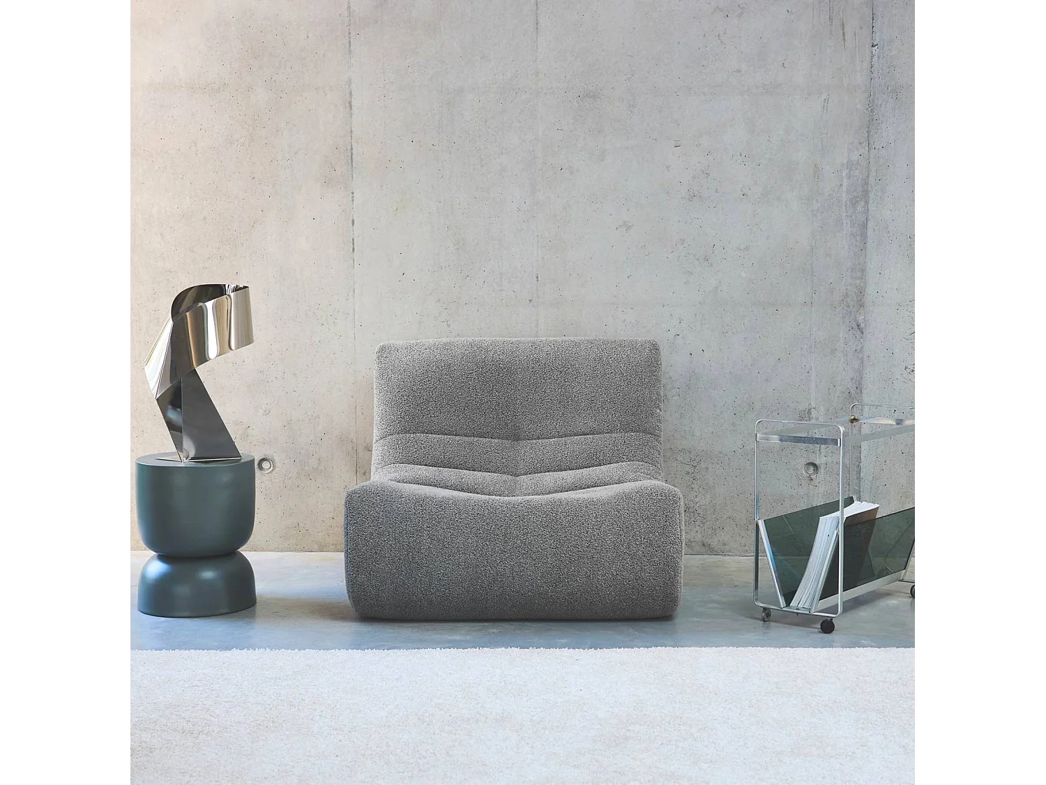 Divano modulare senza braccioli in bouclé sottovuoto e compresso, Sokol bouclé, Grigio, 91x105x72 cm