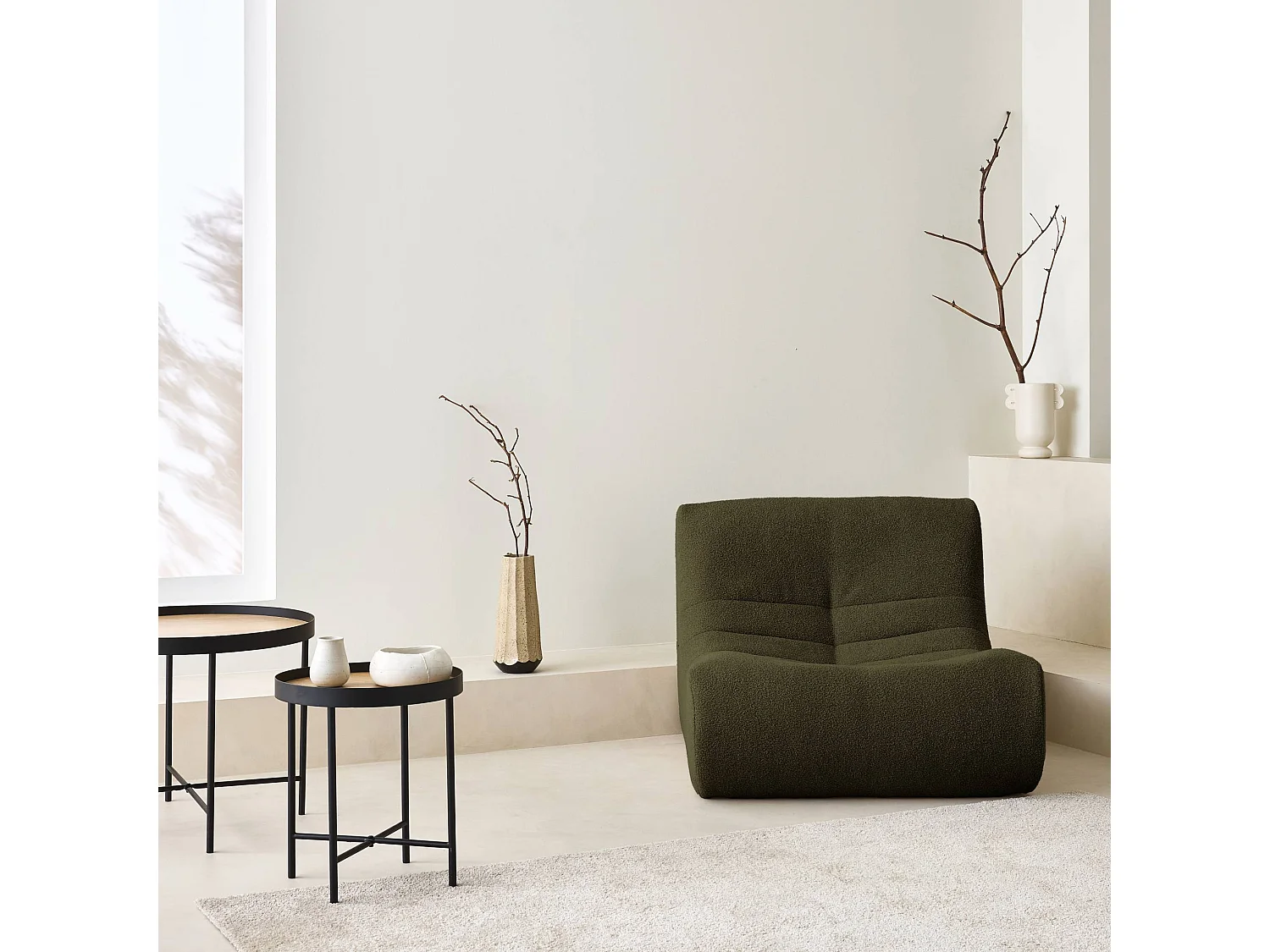 Fauteuil chauffeuse en bouclette texturée kaki foncé style contemporain 1 place