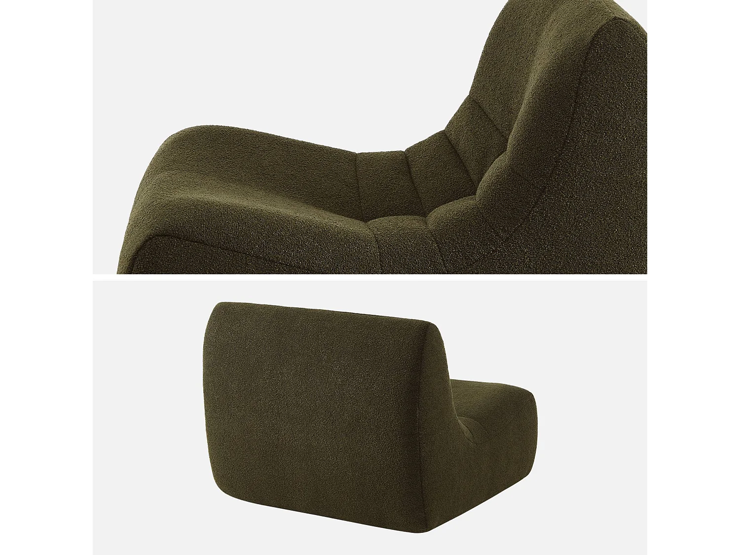 Fauteuil chauffeuse en bouclette texturée kaki foncé style contemporain 1 place