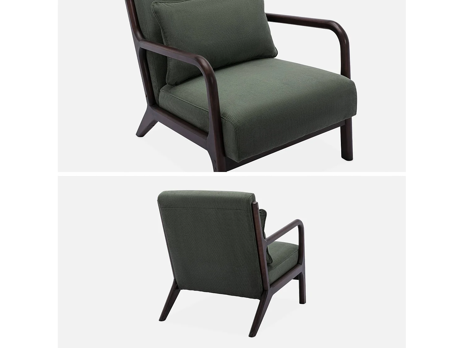 Fauteuil velours côtelé vert . pieds bois d'hévéa teinté wengé. 1 place droit fixe. pieds compas scandinave. structure en bois solide