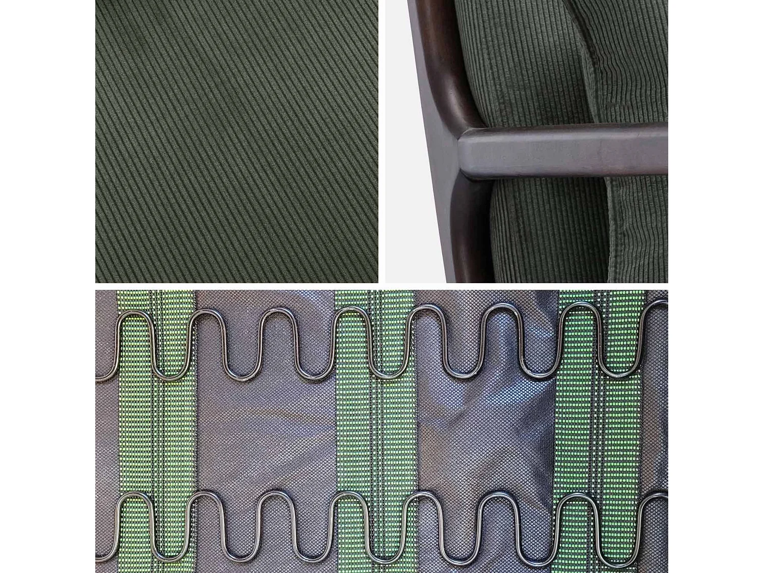 Fauteuil velours côtelé vert . pieds bois d'hévéa teinté wengé. 1 place droit fixe. pieds compas scandinave. structure en bois solide