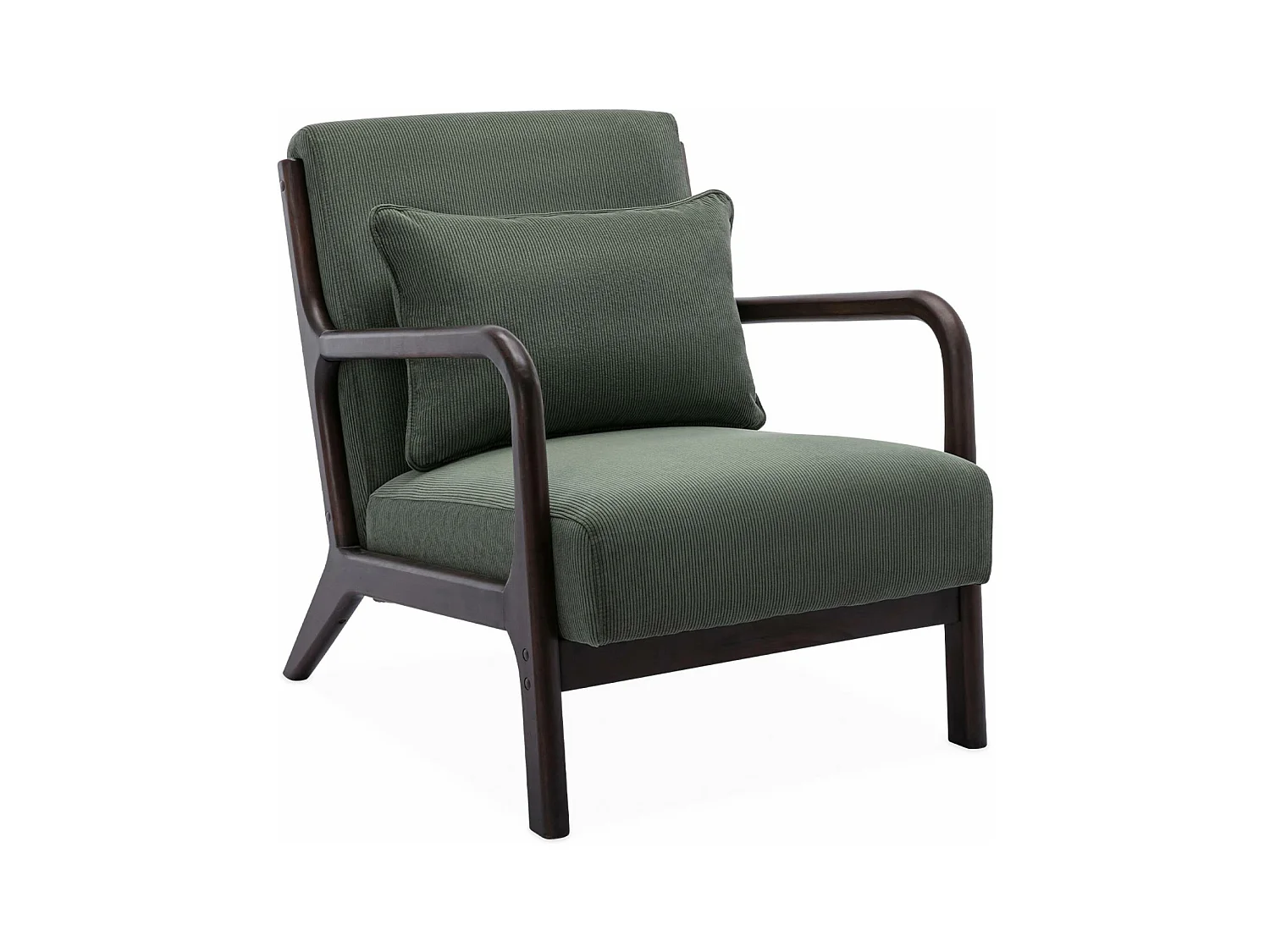 Fauteuil velours côtelé vert . pieds bois d'hévéa teinté wengé. 1 place droit fixe. pieds compas scandinave. structure en bois solide