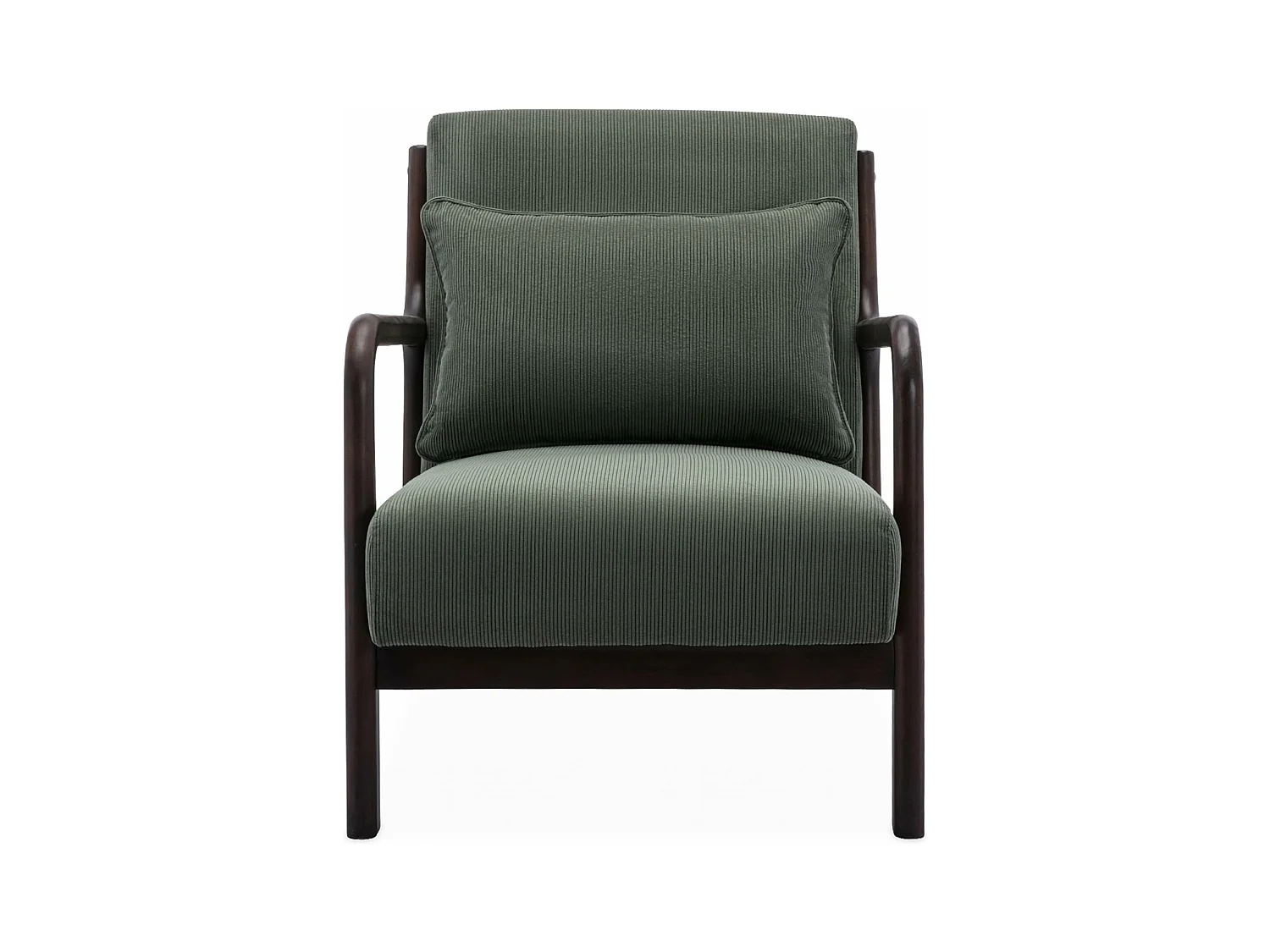 Fauteuil velours côtelé vert . pieds bois d'hévéa teinté wengé. 1 place droit fixe. pieds compas scandinave. structure en bois solide