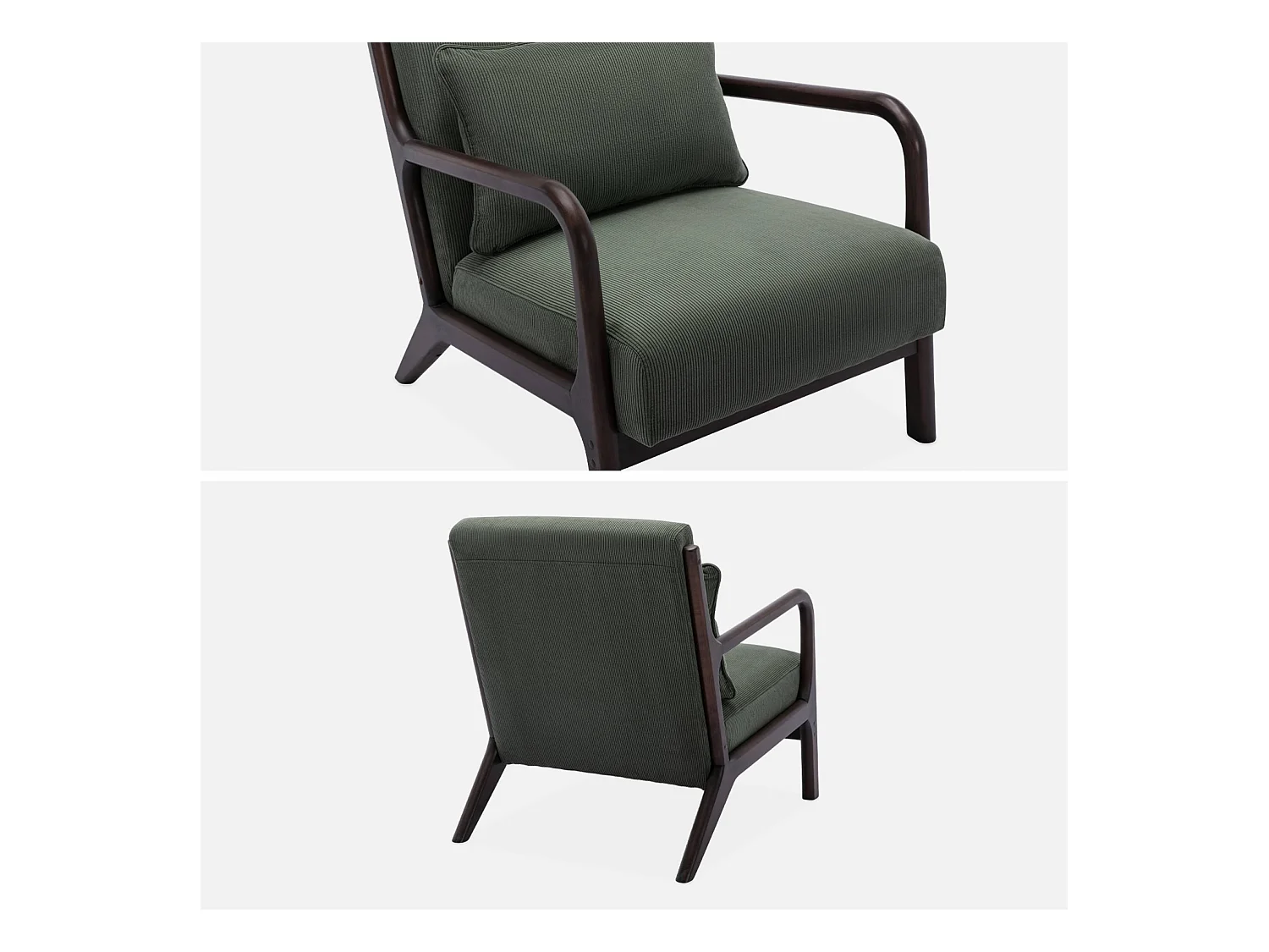 Fauteuil velours côtelé vert . pieds bois d'hévéa teinté wengé. 1 place droit fixe. pieds compas scandinave. structure en bois solide