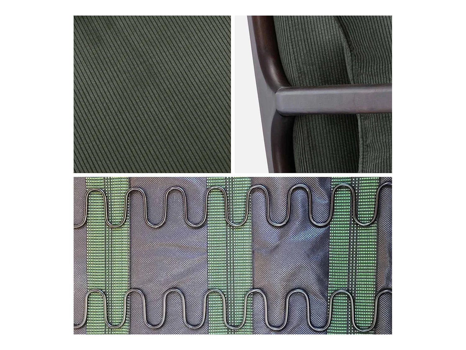 Fauteuil velours côtelé vert . pieds bois d'hévéa teinté wengé. 1 place droit fixe. pieds compas scandinave. structure en bois solide