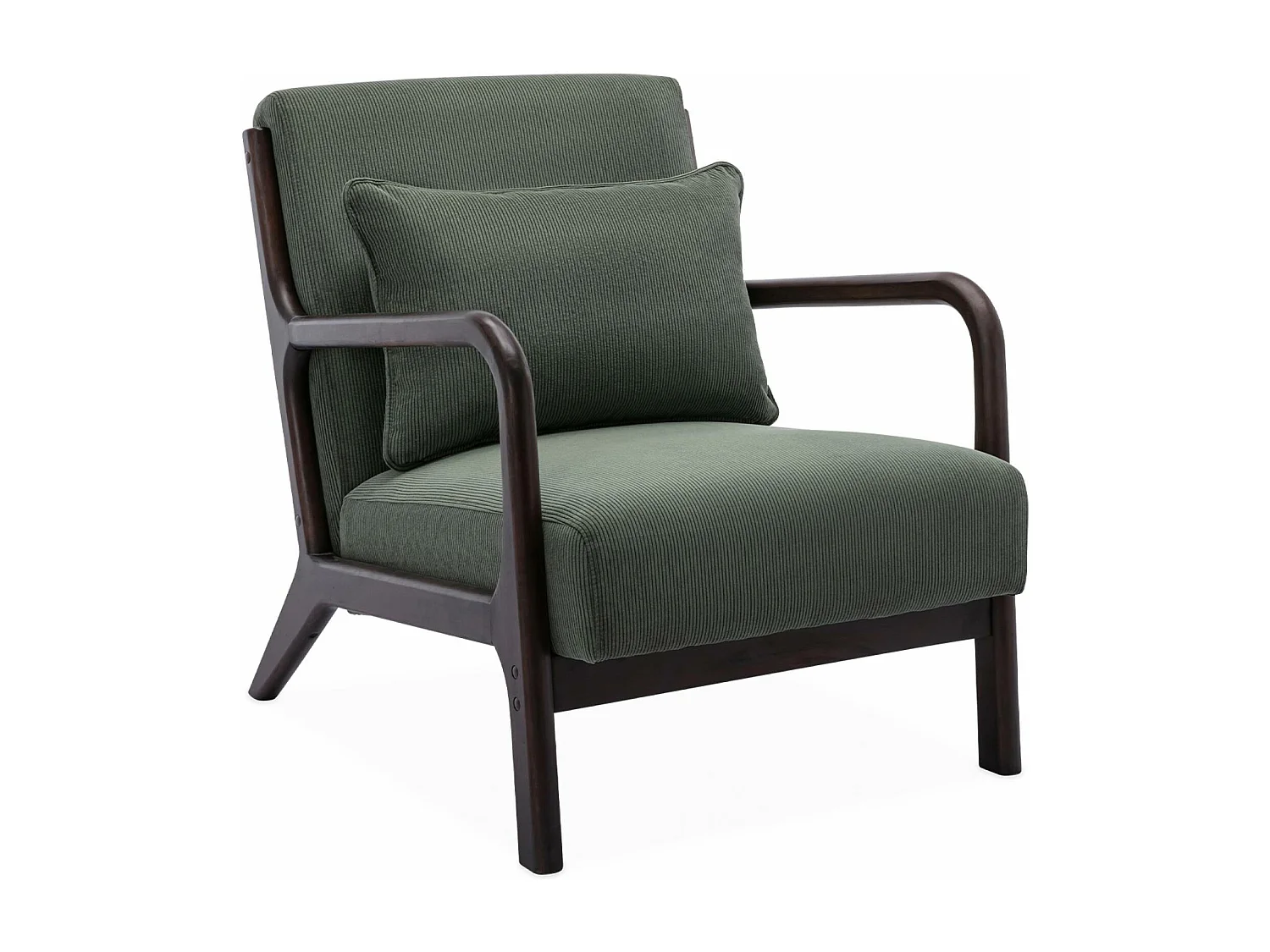 Fauteuil velours côtelé vert . pieds bois d'hévéa teinté wengé. 1 place droit fixe. pieds compas scandinave. structure en bois solide
