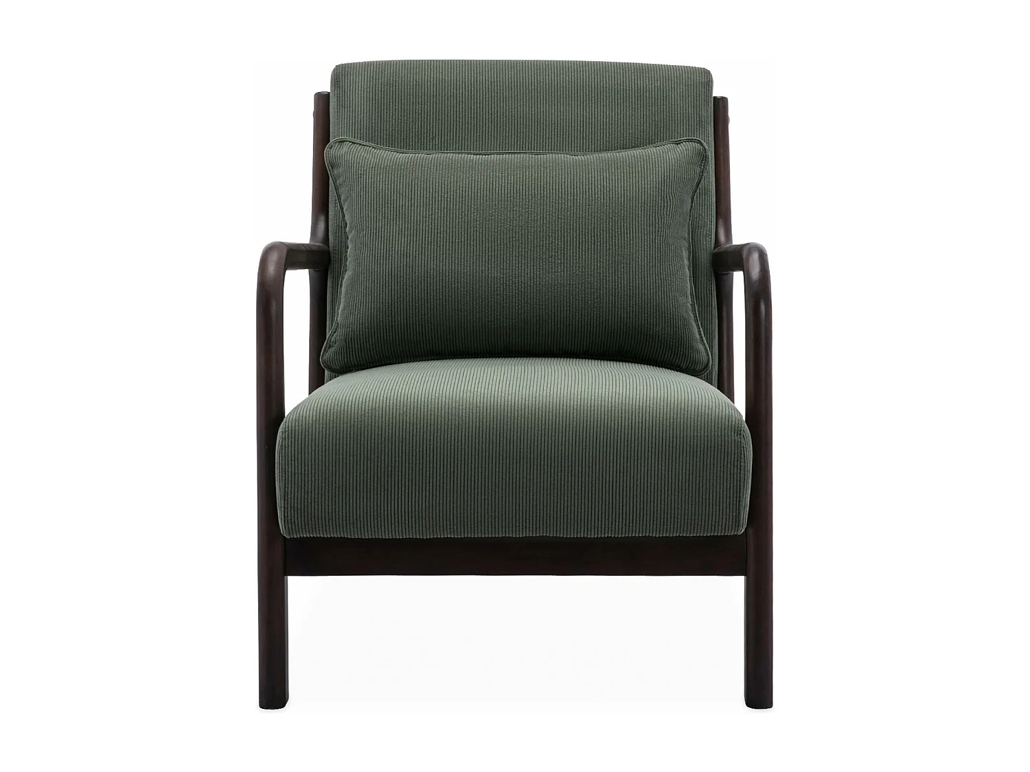 Fauteuil velours côtelé vert . pieds bois d'hévéa teinté wengé. 1 place droit fixe. pieds compas scandinave. structure en bois solide