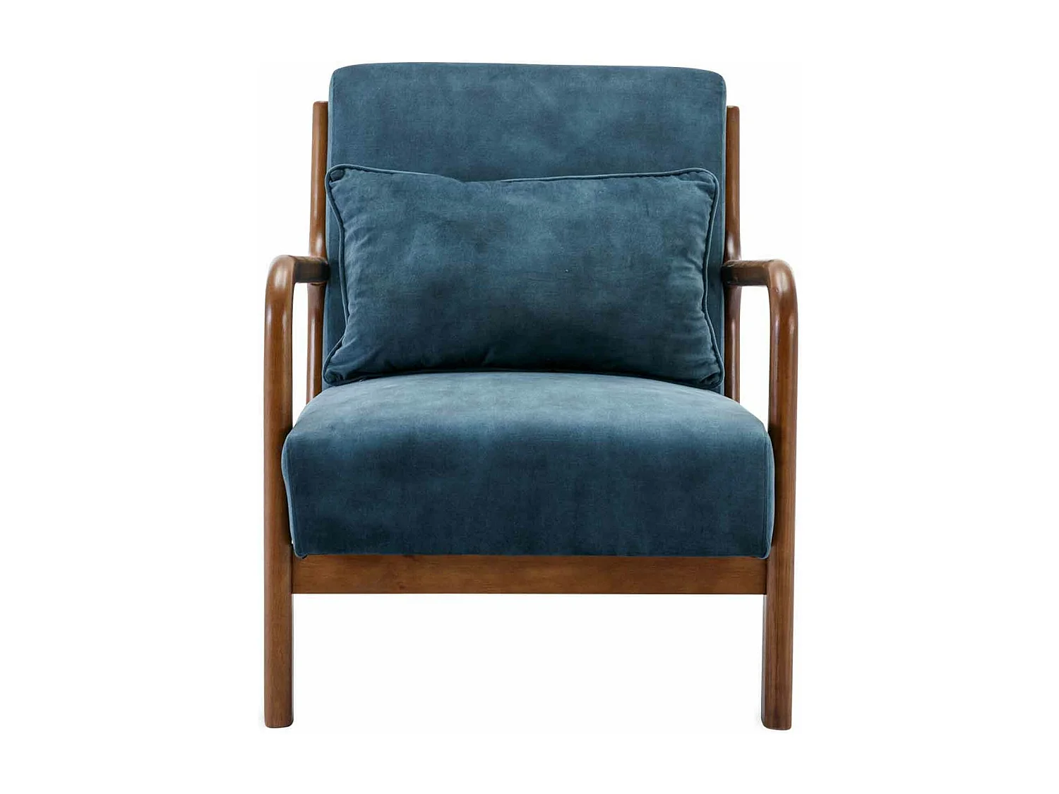 Fauteuil en velours bleu pétrole. pieds bois d'hévéa teinté noyer clair. 1 place droit fixe. pieds compas scandinave