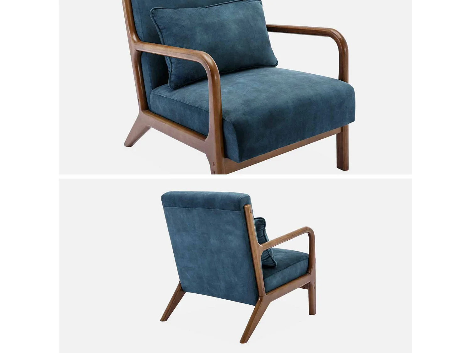 Fauteuil en velours bleu pétrole. pieds bois d'hévéa teinté noyer clair. 1 place droit fixe. pieds compas scandinave