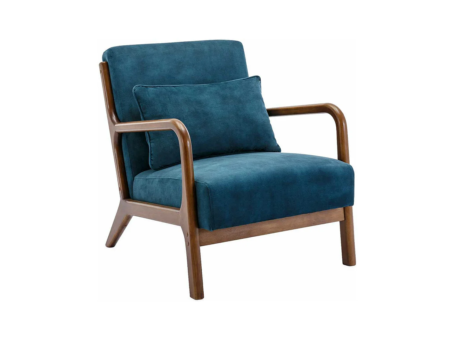 Fauteuil en velours bleu pétrole. pieds bois d'hévéa teinté noyer clair. 1 place droit fixe. pieds compas scandinave