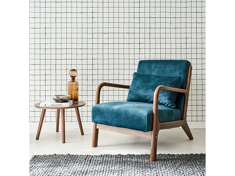 Sillón escandinavo de terciopelo y madera de hevea azul