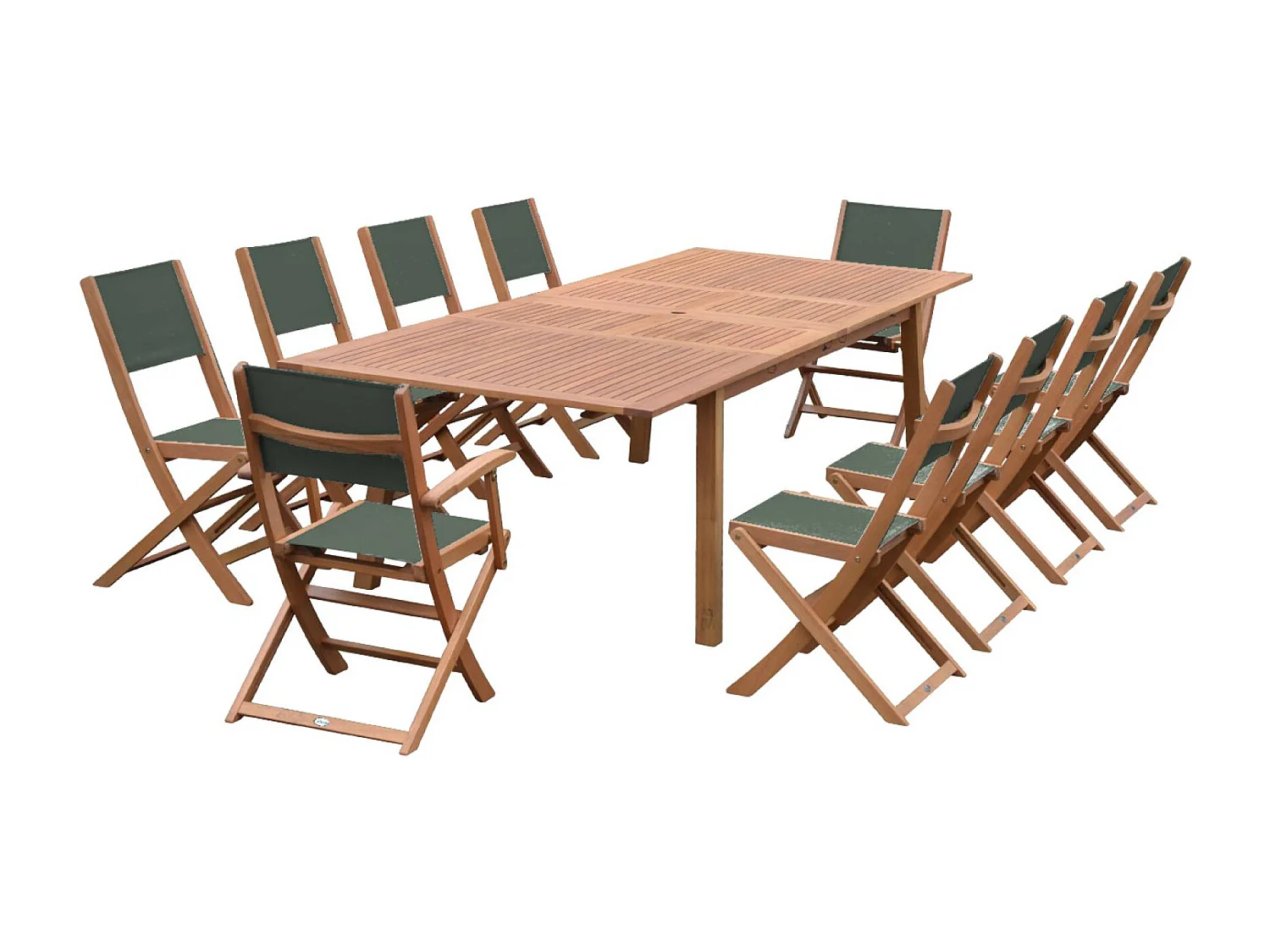 Tavolo da giardino estensibile in legno, 10 sedie, verde kaki