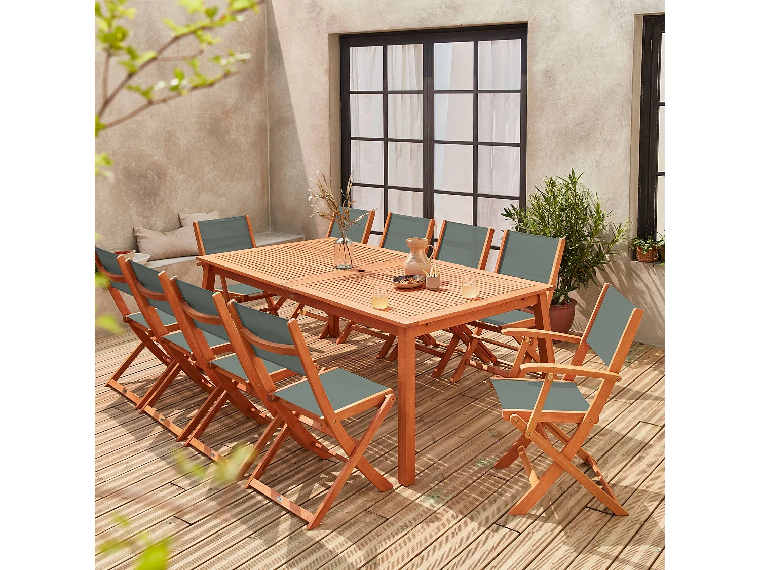 Tavolo da giardino estensibile in legno, 10 sedie, verde kaki