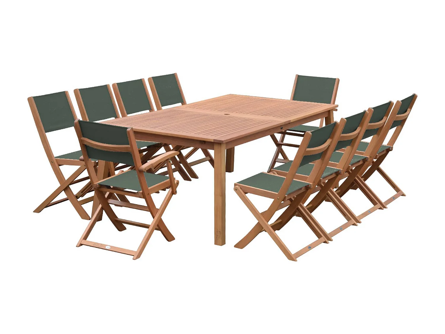 Tavolo da giardino estensibile in legno, 10 sedie, verde kaki