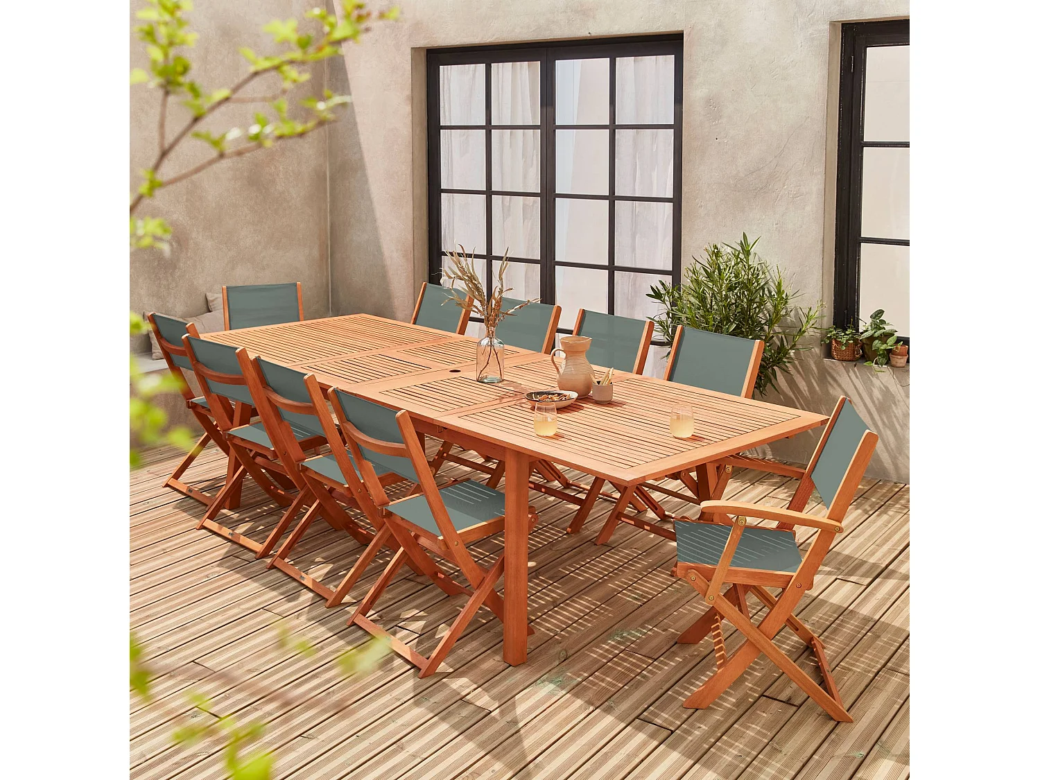 Tavolo da giardino estensibile in legno, 10 sedie, verde kaki