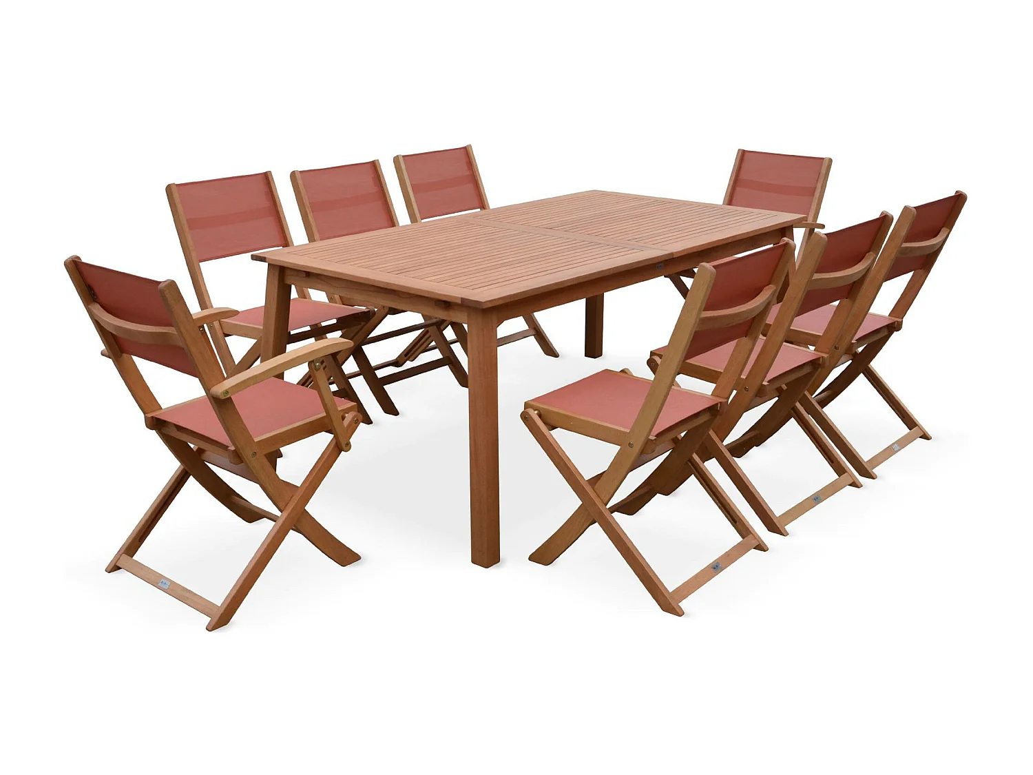 Table de jardin extensible bois d'eucalyptus + 8 assises en bois d'Eucalyptus huilé et textilène terracotta