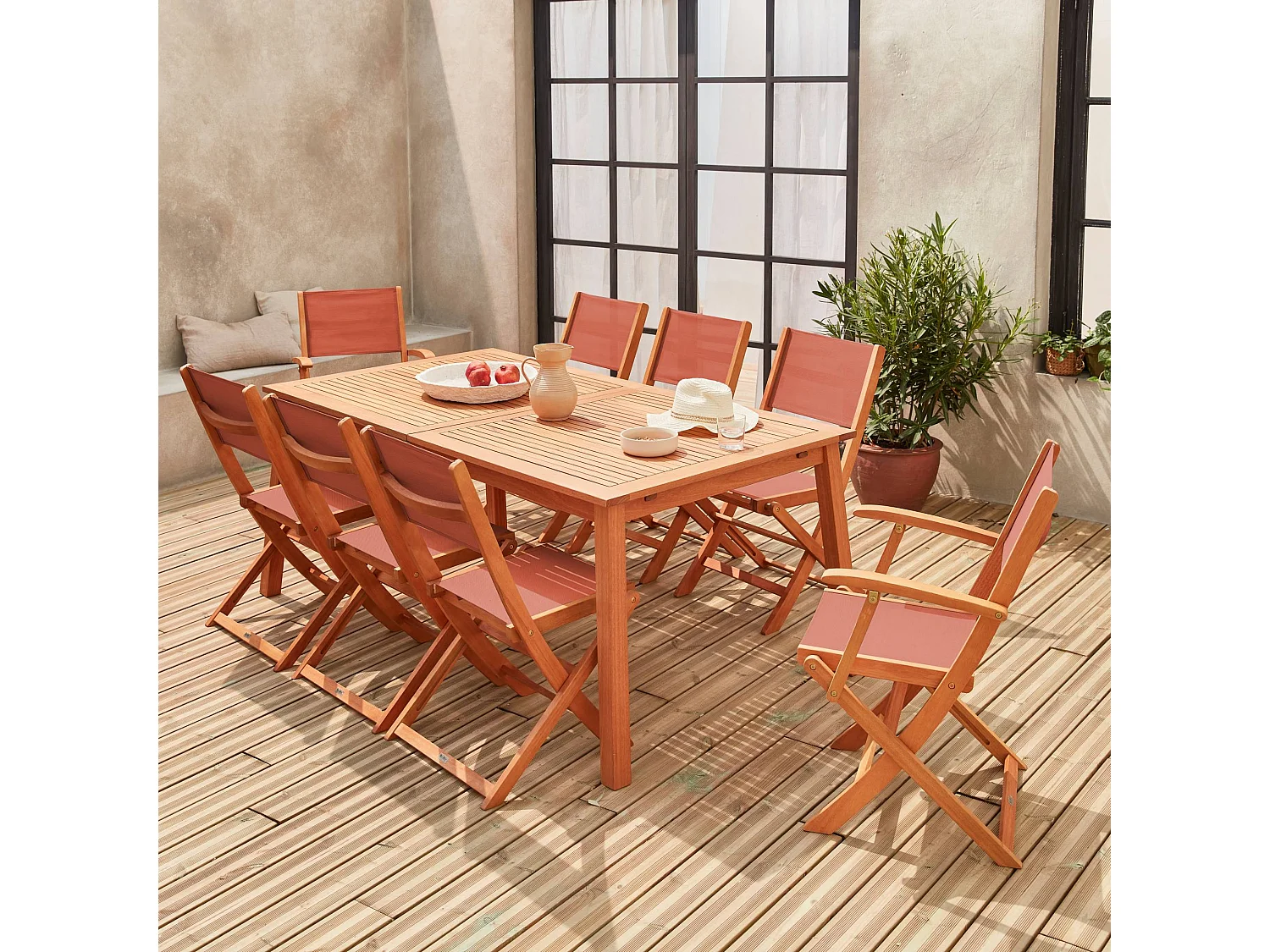 Table de jardin extensible bois d'eucalyptus + 8 assises en bois d'Eucalyptus huilé et textilène terracotta