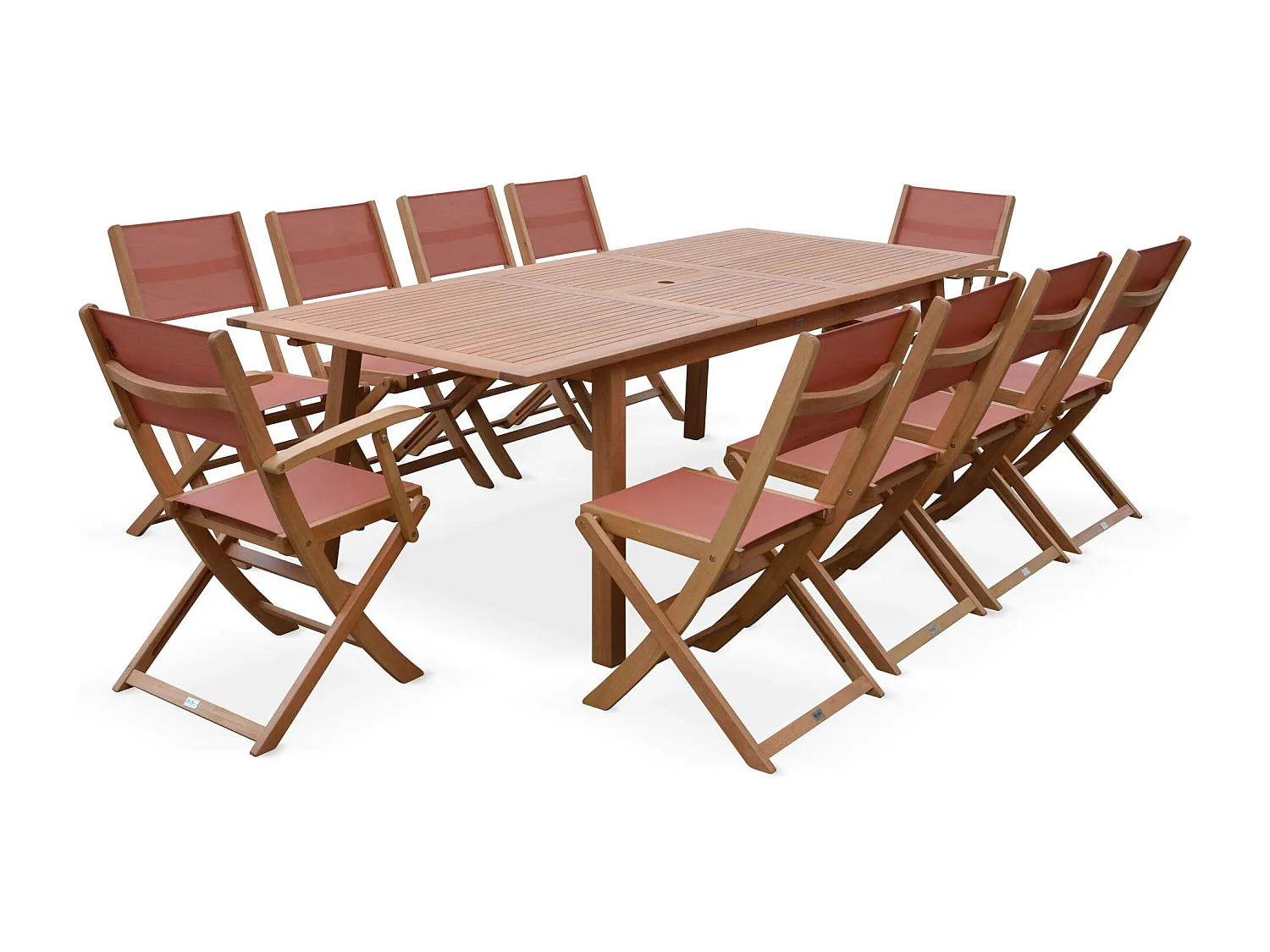 Table de jardin extensible bois d'eucalyptus + 8 assises en bois d'Eucalyptus huilé et textilène terracotta