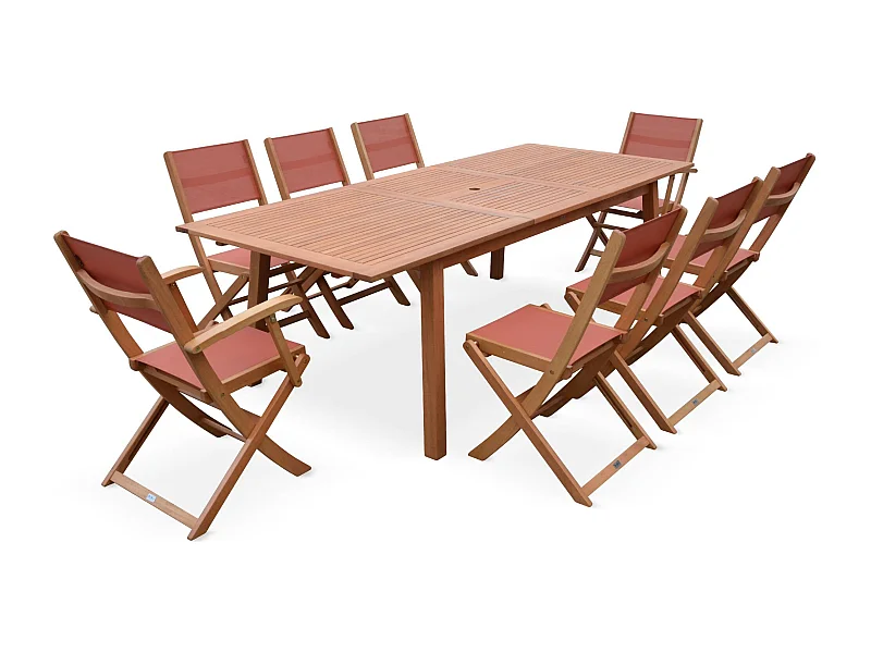 Mesa de jardín de madera extensible, 8 sillas madera