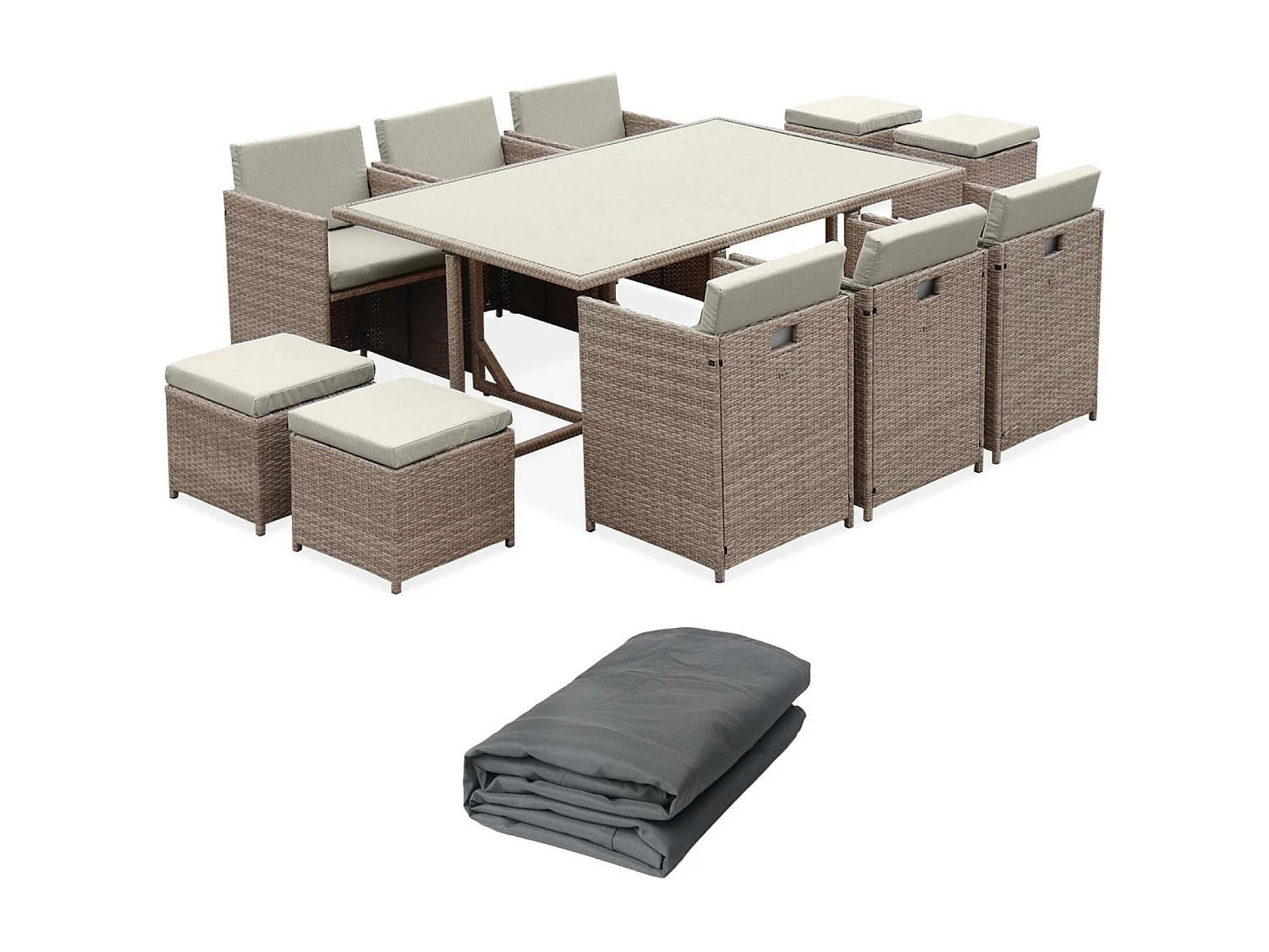 Mesa de jardín encastrable resina con 10 sillones + cobertor beige
