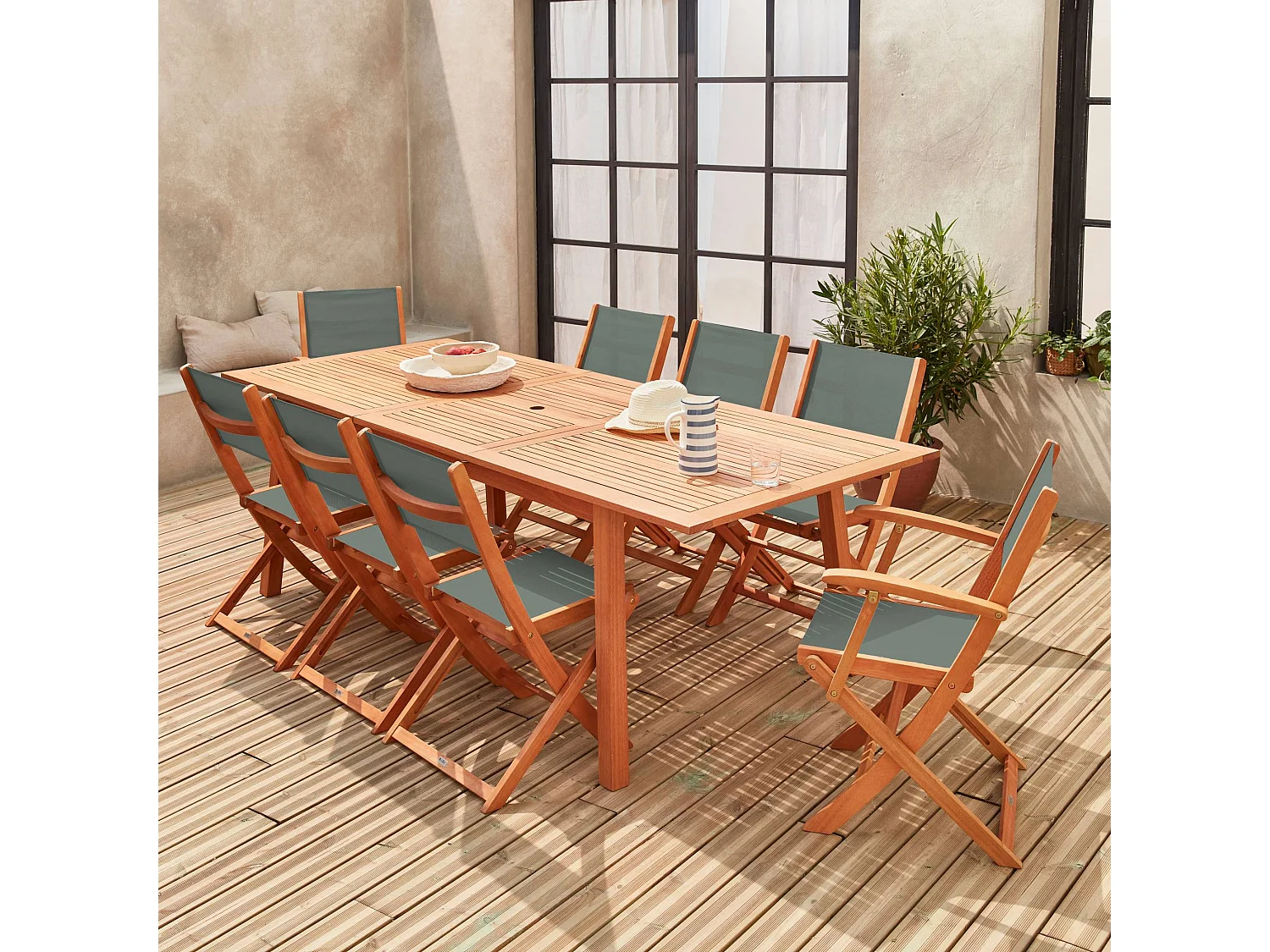 Table de jardin extensible bois d'eucalyptus + 8 assises en bois d'Eucalyptus huilé et textilène savane