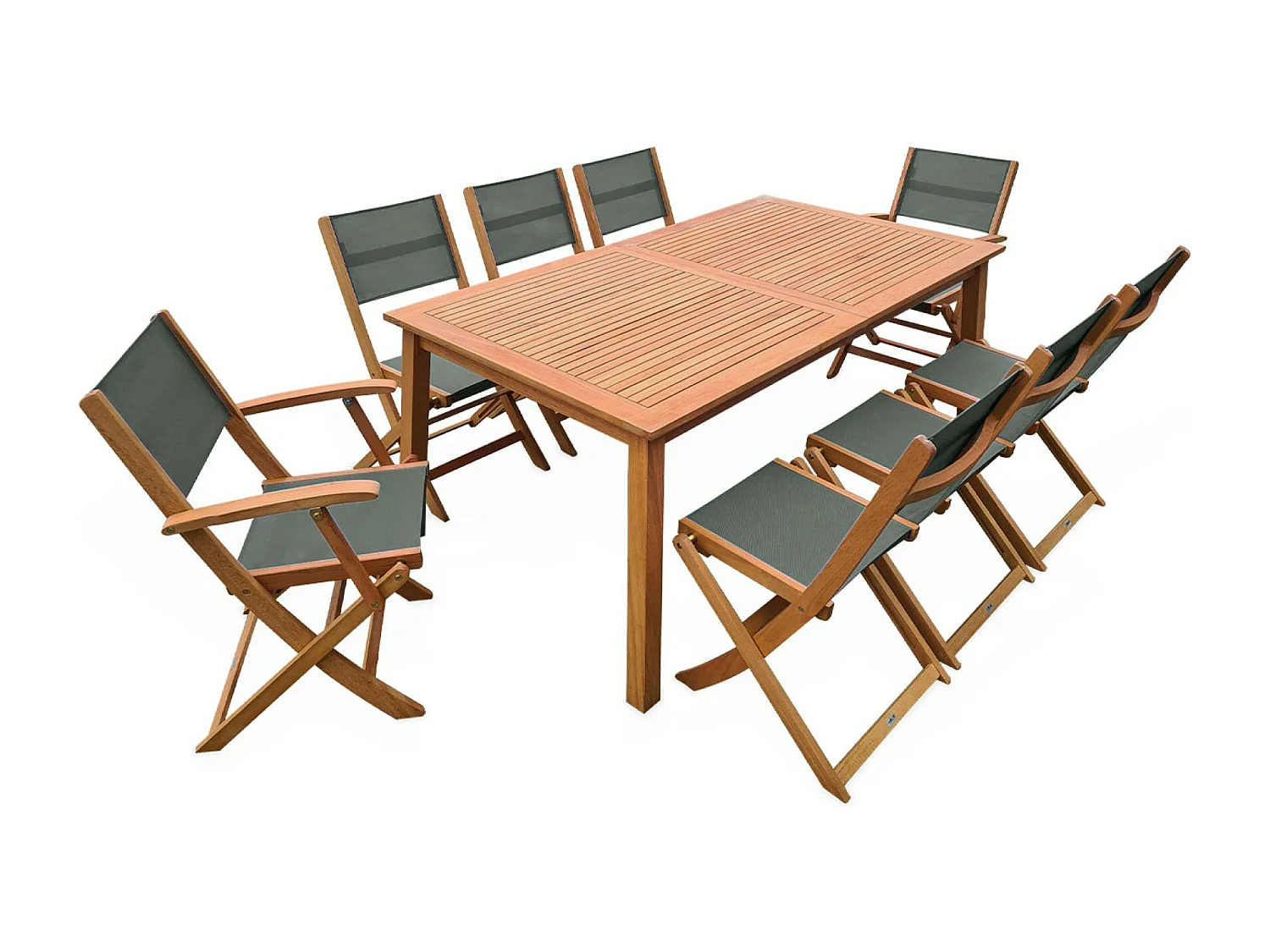 Table de jardin extensible bois d'eucalyptus + 8 assises en bois d'Eucalyptus huilé et textilène savane