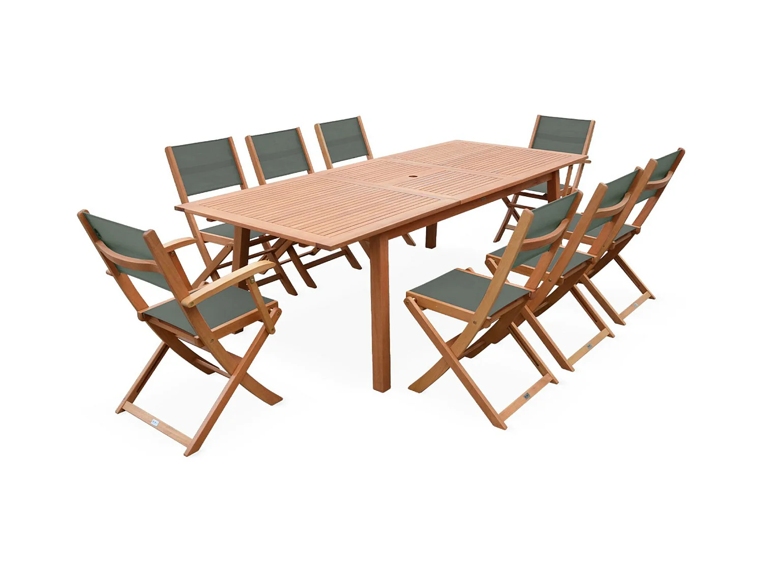 Table de jardin extensible bois d'eucalyptus + 8 assises en bois d'Eucalyptus huilé et textilène savane
