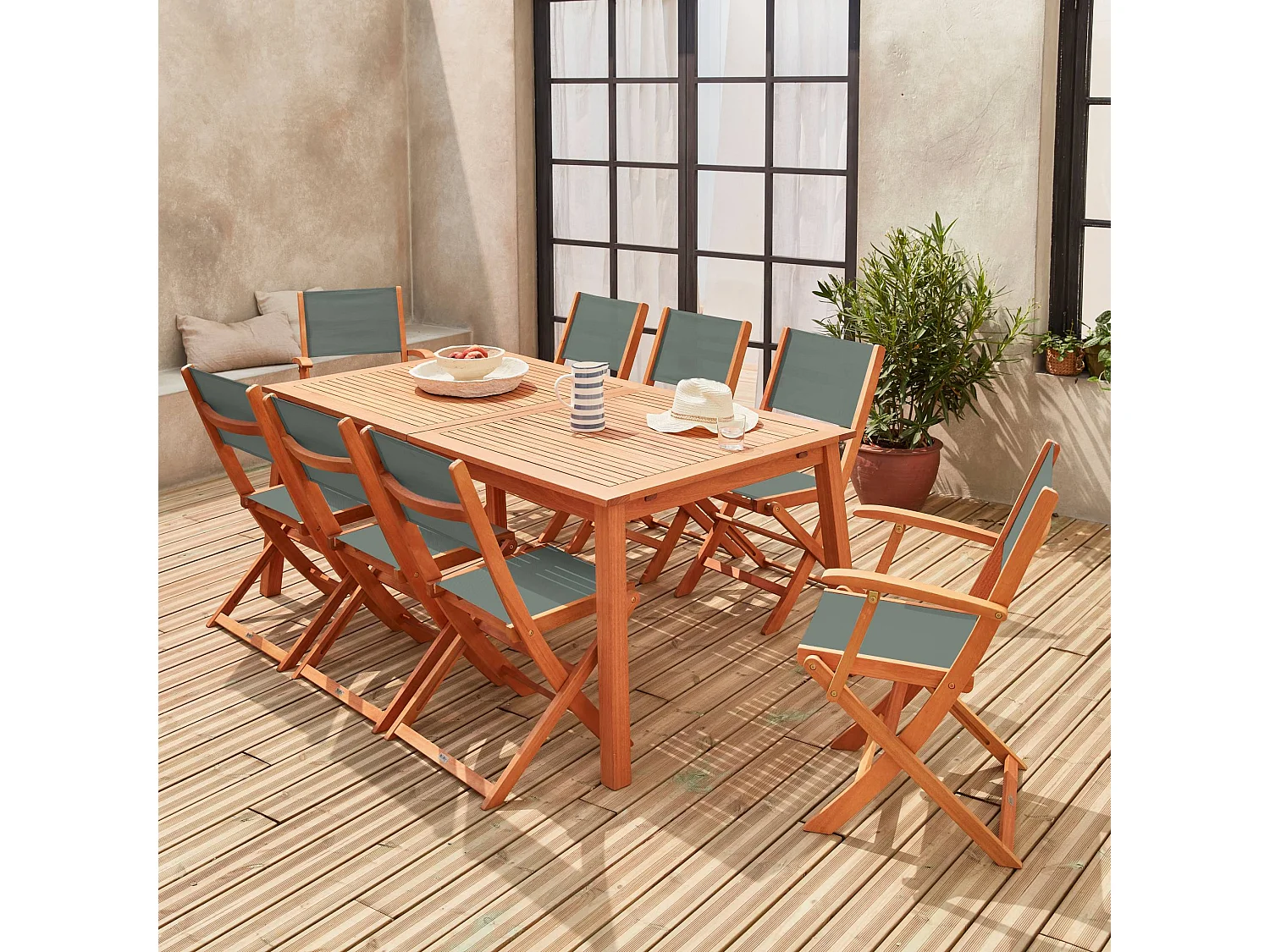 Set tavolo da giardino rettangolare allungabile in legno, 8 posti,