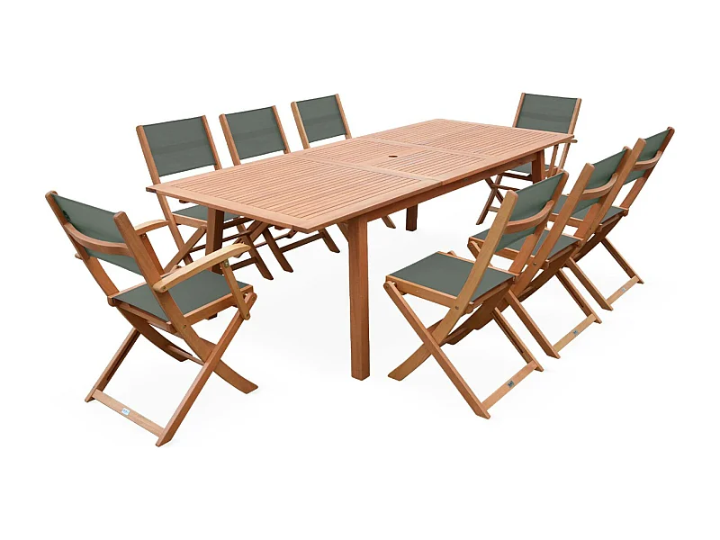 Table de jardin extensible bois d'eucalyptus + 8 assises en bois d'Eucalyptus huilé et textilène savane