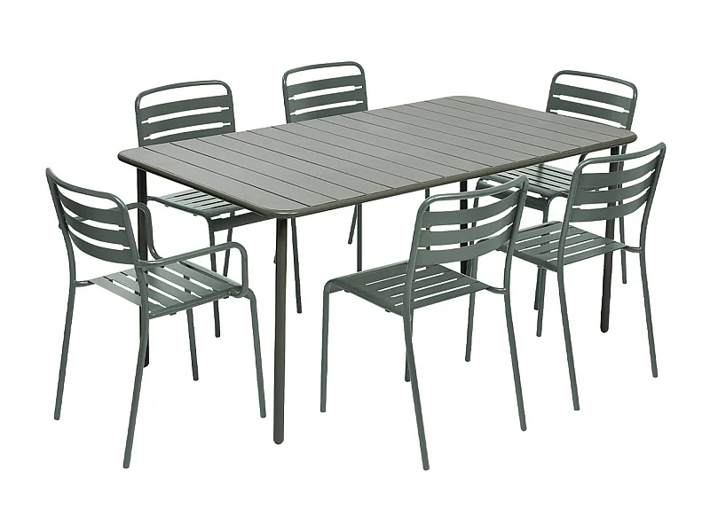 Table de jardin métal + 6 assises kaki. acier traitement anti rouille