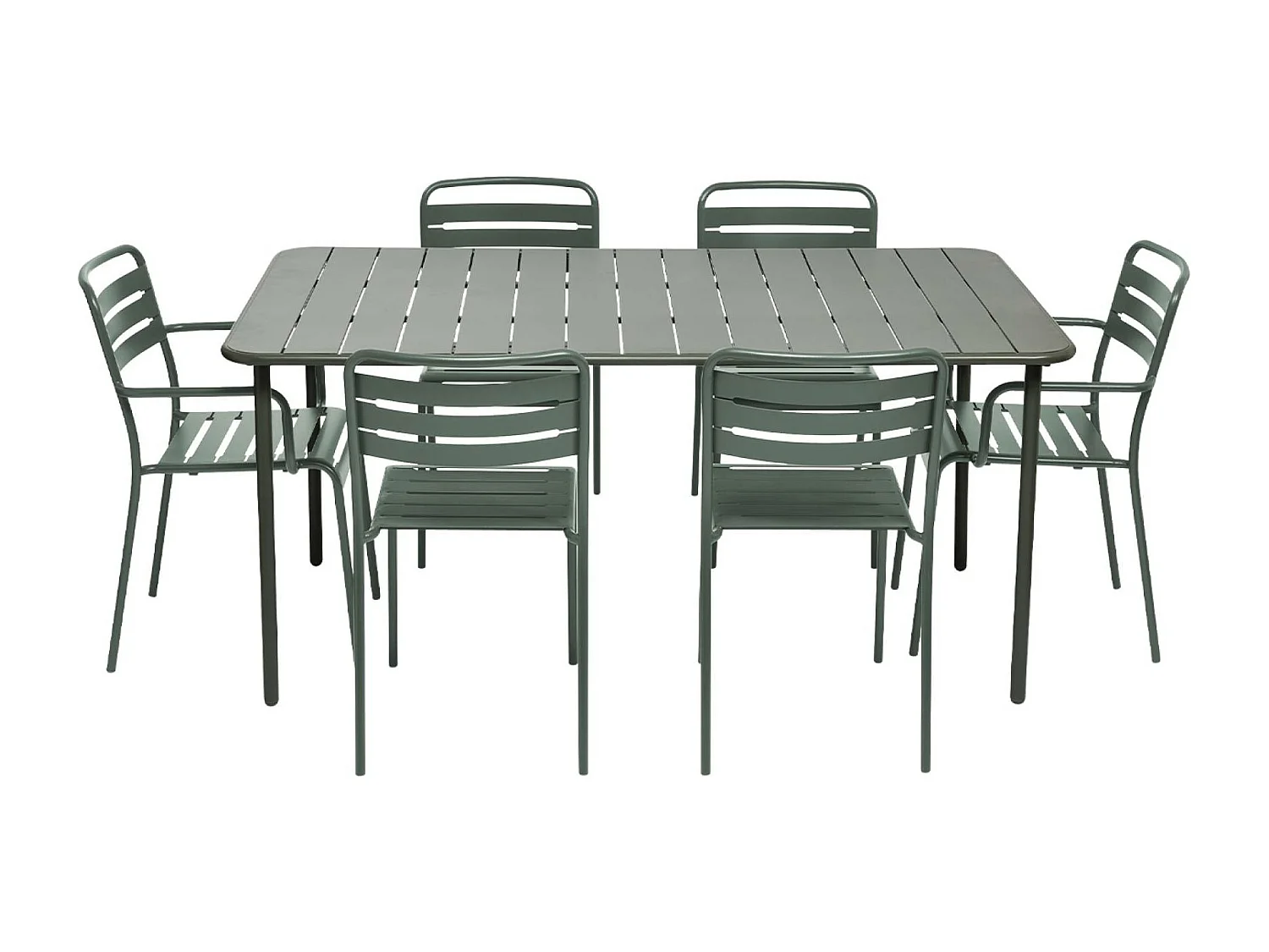 Table de jardin métal + 6 assises kaki. acier traitement anti rouille