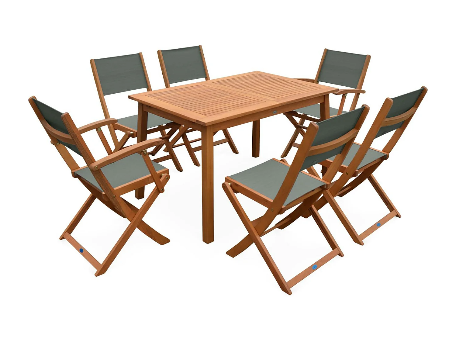 Salon de jardin savane extensible - Almeria - Table 120/180cm avec rallonge. 2 fauteuils et 4 chaises. en bois d'Eucalyptus  huilé et textilène kaki