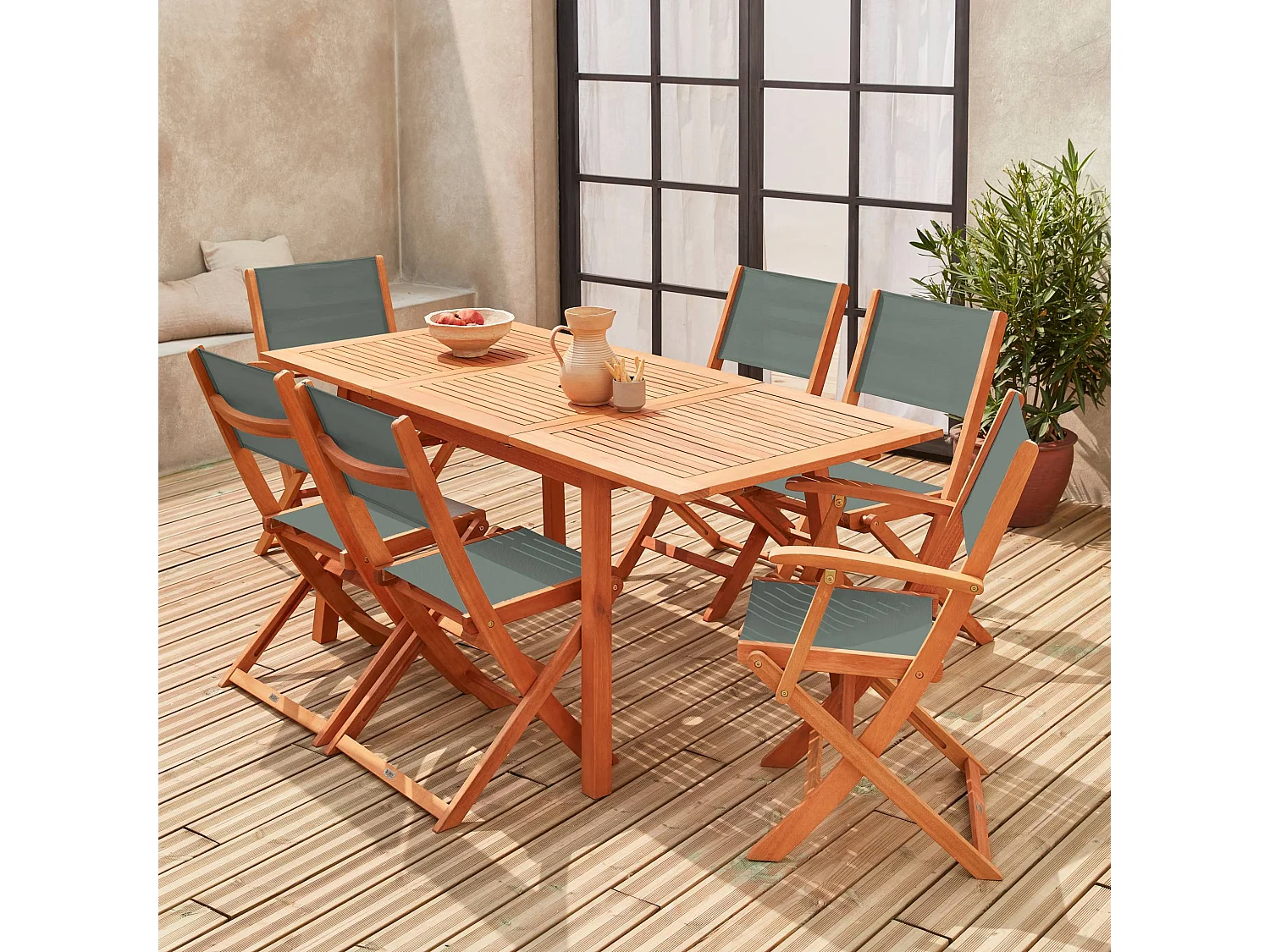Set tavolo da giardino rettangolare allungabile in legno, 6 posti,