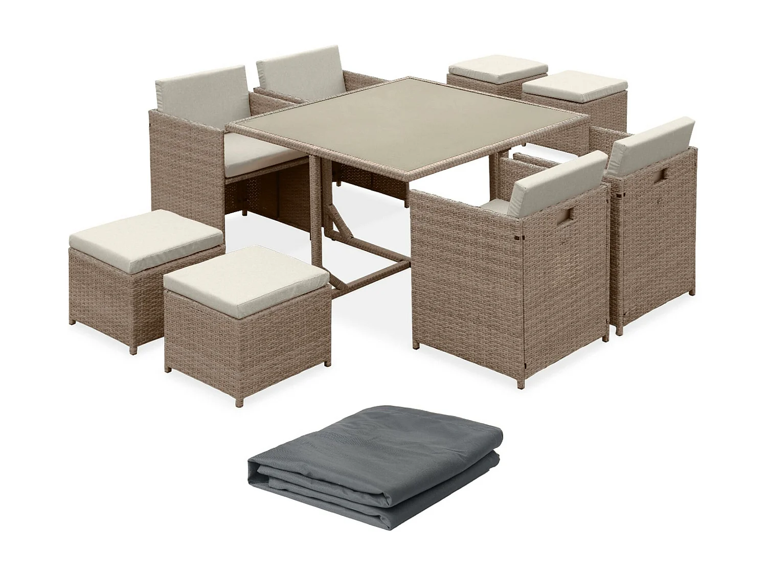 Table de jardin encastrable résine tressée + 8 assises + Housse de protection coussins beige. table encastrable