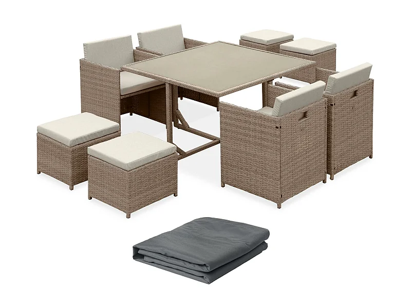 Table de jardin encastrable résine tressée + 8 assises + Housse de protection coussins beige. table encastrable