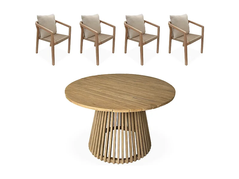 Tavolo da pranzo interno/esterno in legno + 4 poltrone, marrone