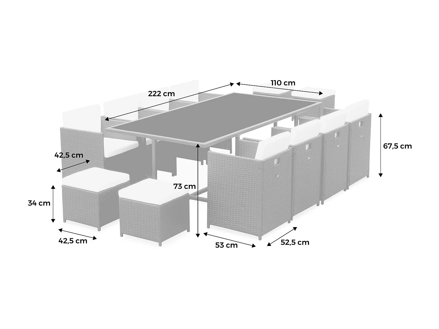 Mesa de jardín encastrable de resina trenzada 12 sillones + funda