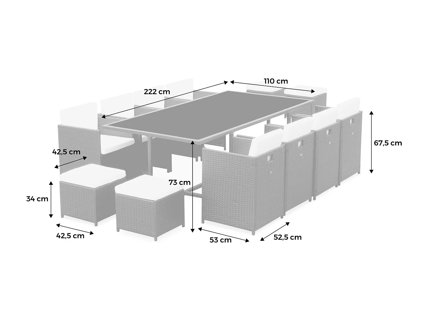 Mesa de jardín encastrable de resina trenzada 12 sillones + funda