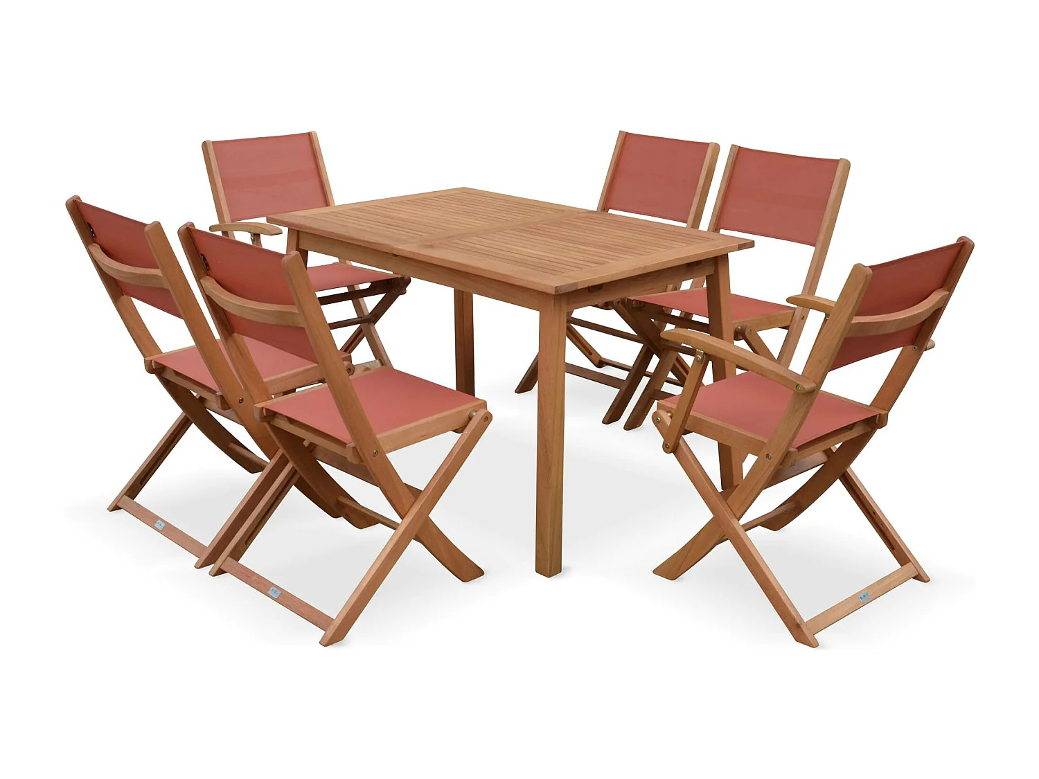 Salon de jardin en bois extensible - Almeria - Table 120/180cm avec rallonge. 2 fauteuils et 4 chaises. en bois d'Eucalyptus  huilé et textilène terra cotta