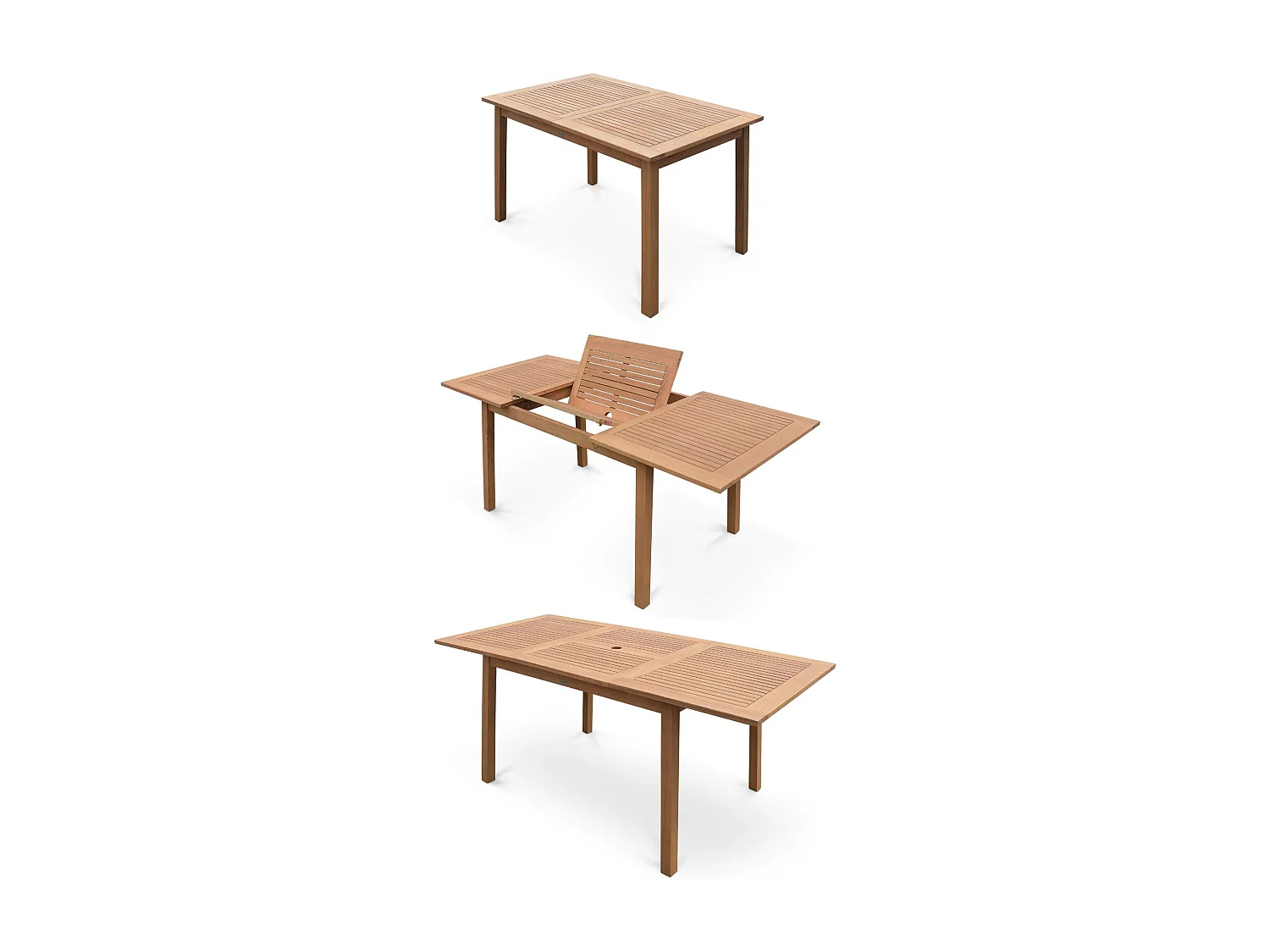 Salon de jardin en bois extensible - Almeria - Table 120/180cm avec rallonge. 2 fauteuils et 4 chaises. en bois d'Eucalyptus  huilé et textilène terra cotta