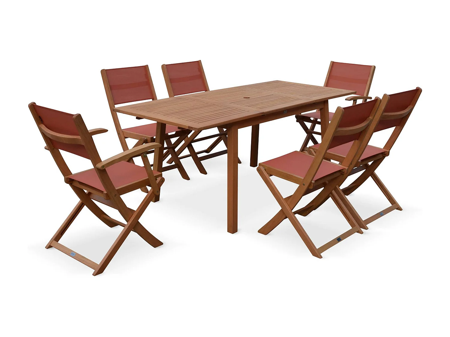 Salon de jardin en bois extensible - Almeria - Table 120/180cm avec rallonge. 2 fauteuils et 4 chaises. en bois d'Eucalyptus  huilé et textilène terra cotta